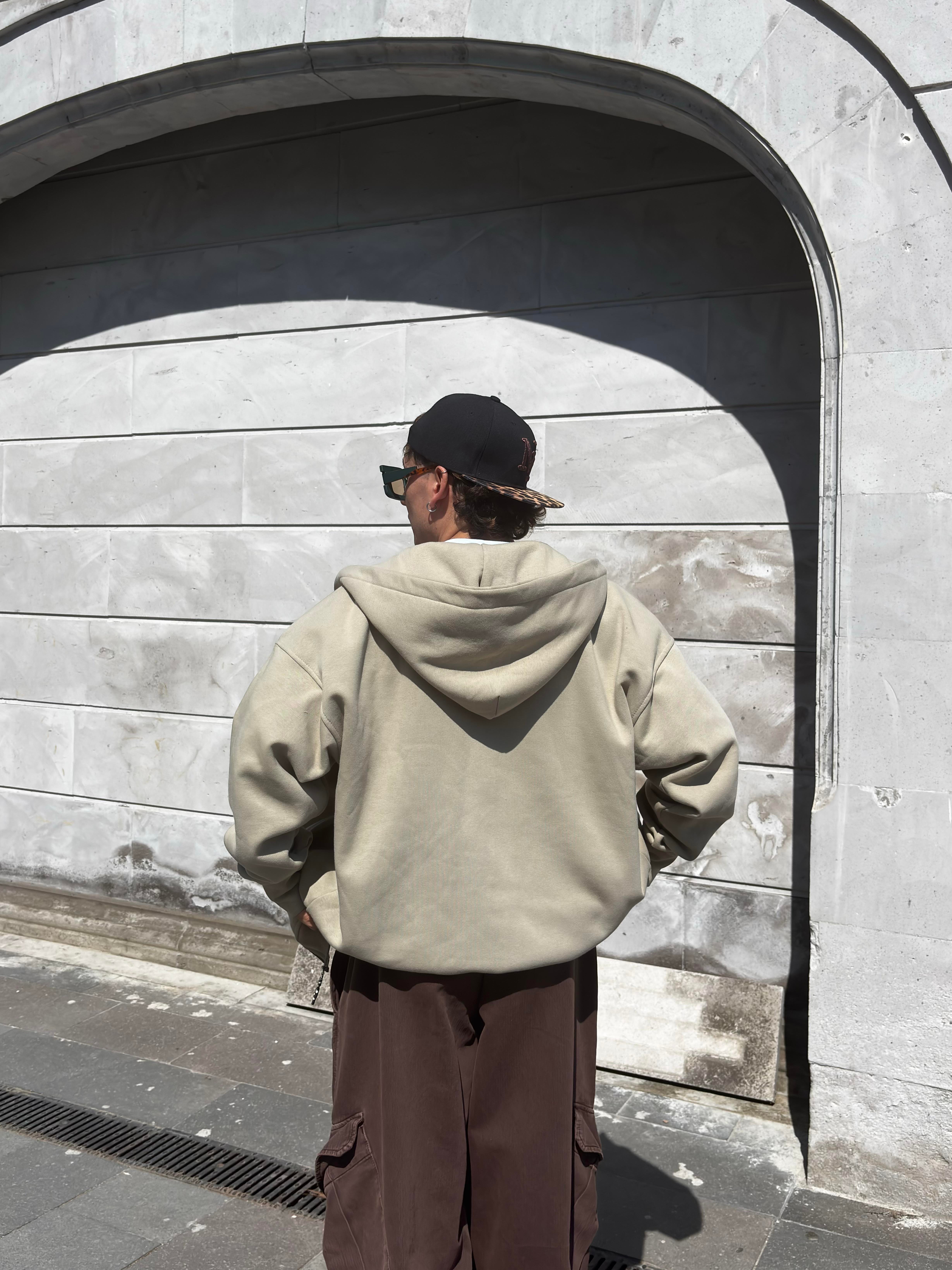  Premium Cream Ton Nakışlı Zipper Oversized Hoodie