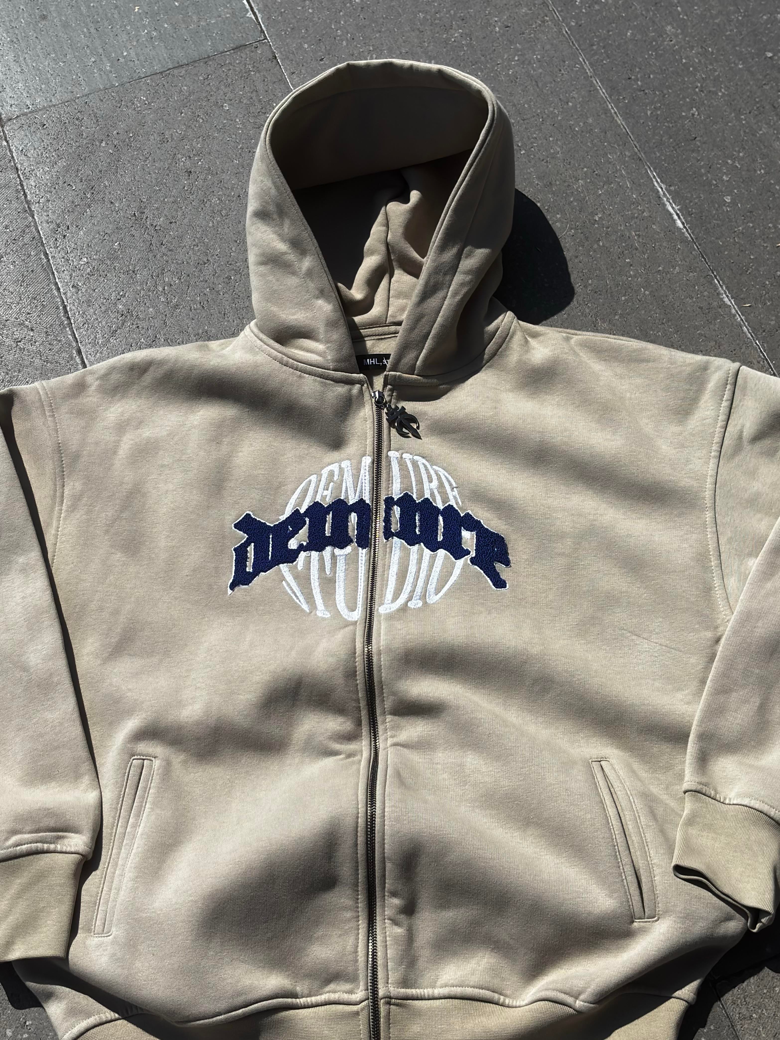  Premium Cream Ton Nakışlı Zipper Oversized Hoodie