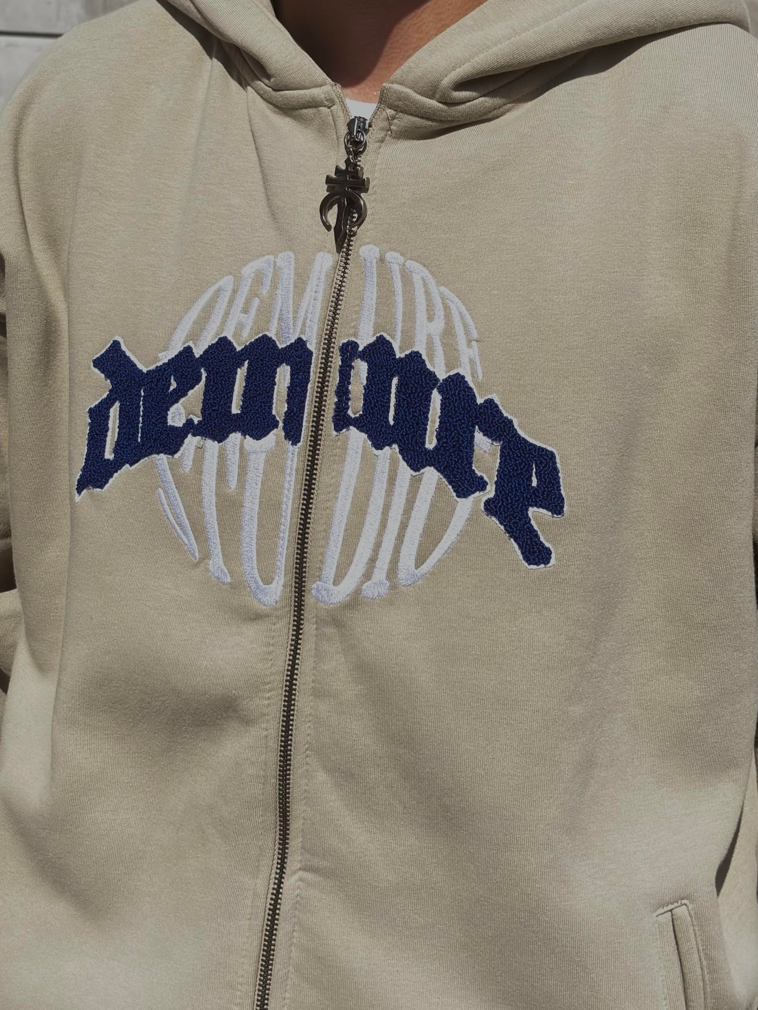  Premium Cream Ton Nakışlı Zipper Oversized Hoodie