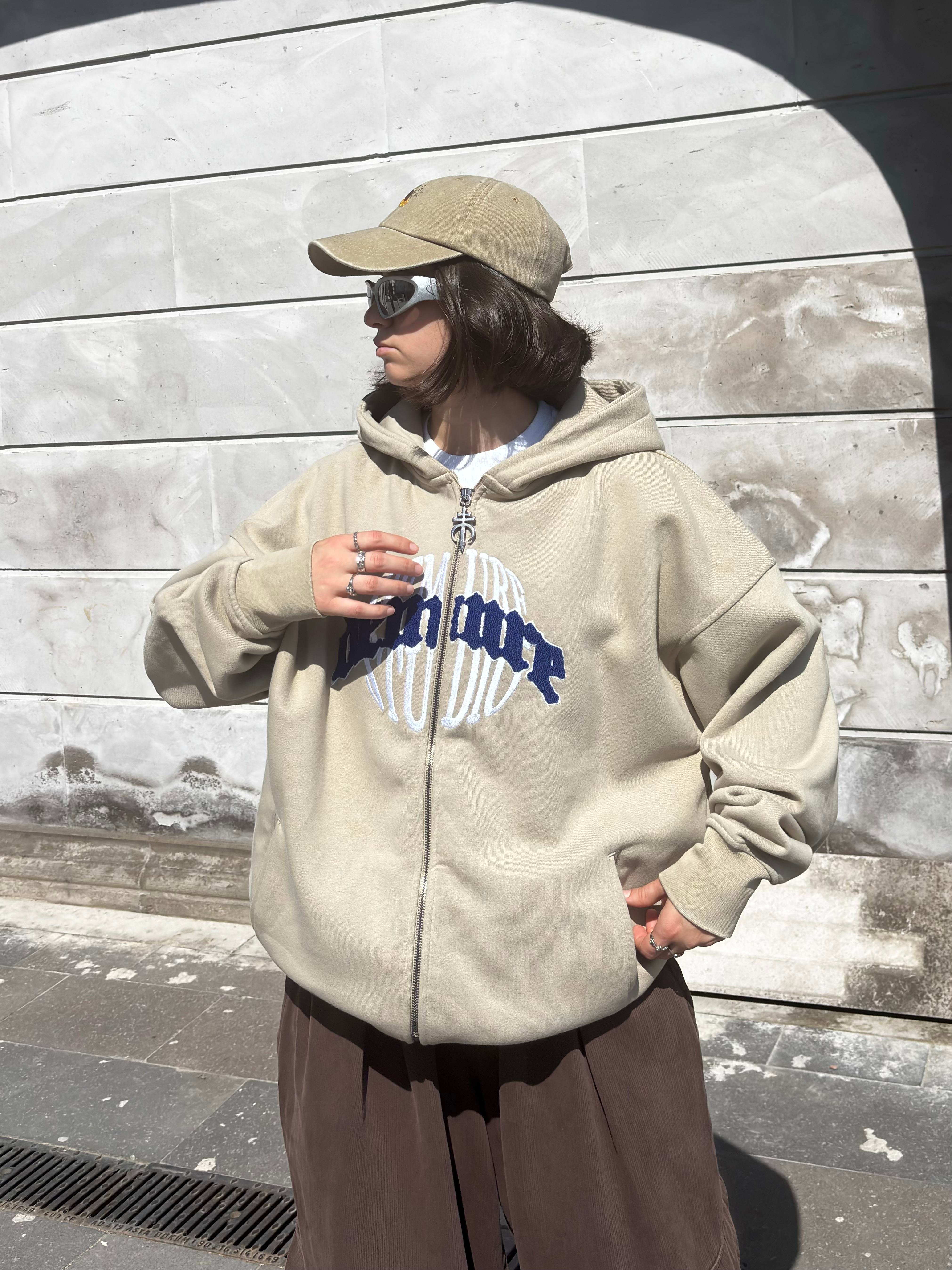  Premium Cream Ton Nakışlı Zipper Oversized Hoodie