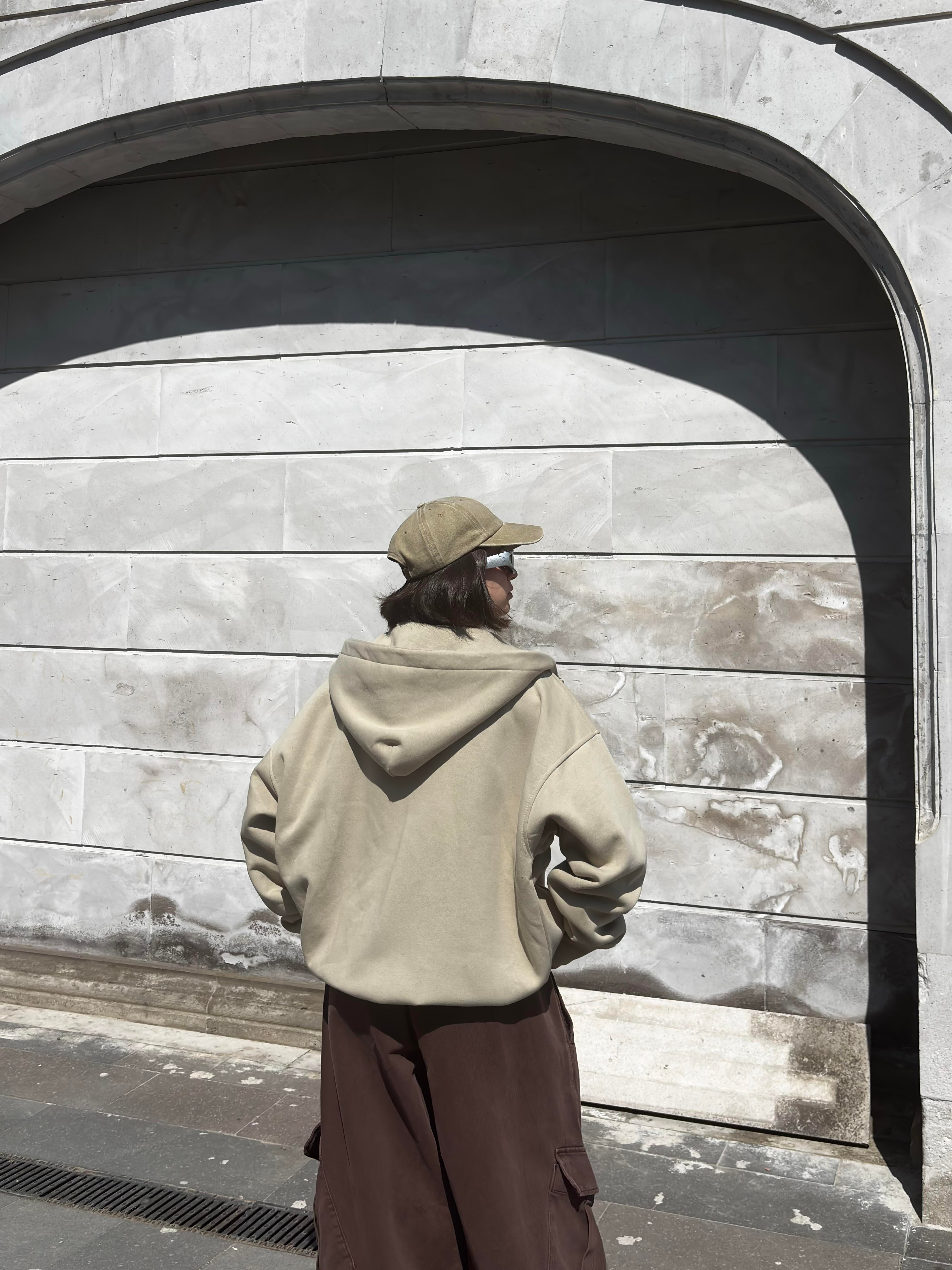  Premium Cream Ton Nakışlı Zipper Oversized Hoodie