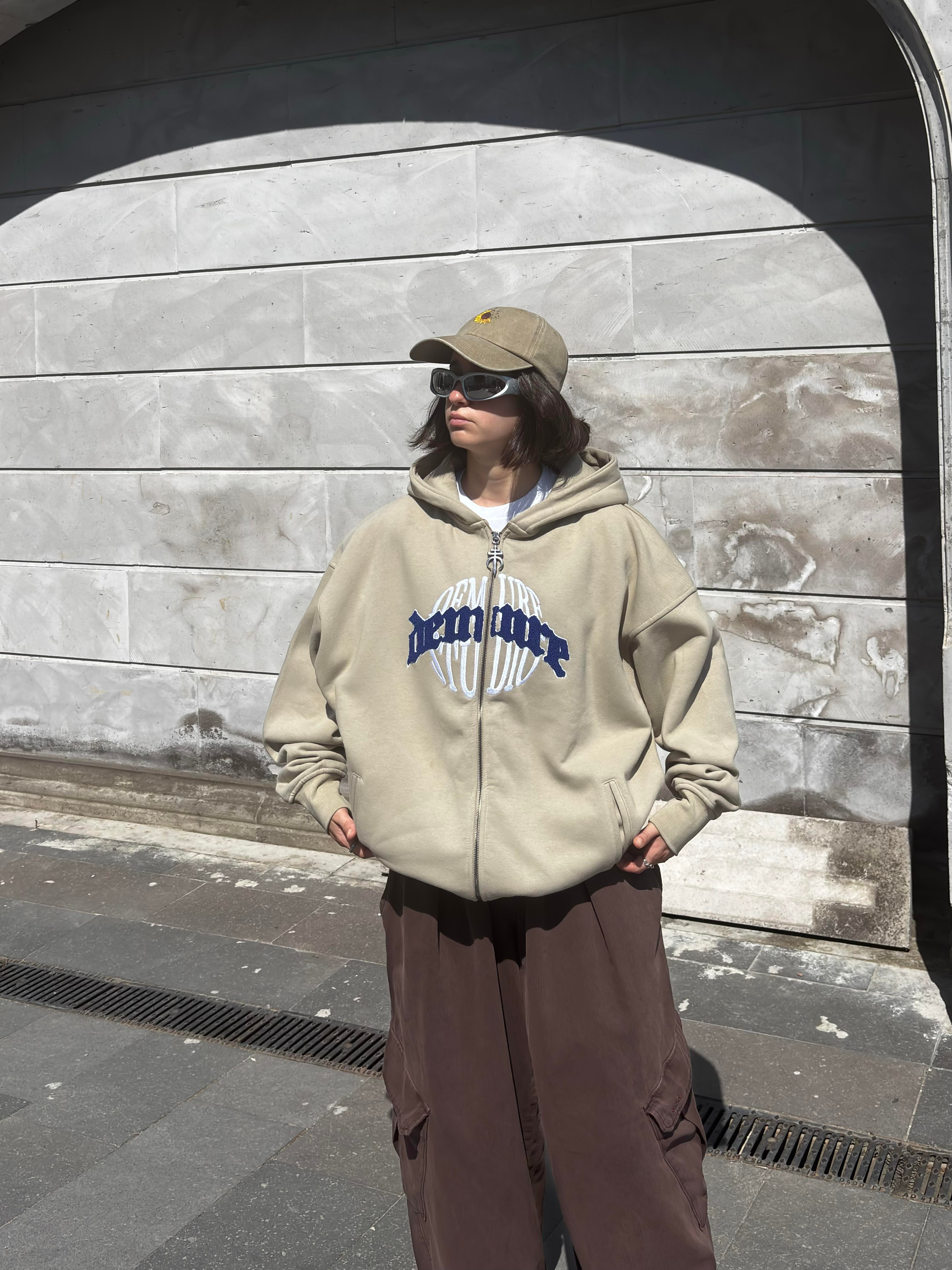 Premium Cream Ton Nakışlı Zipper Oversized Hoodie
