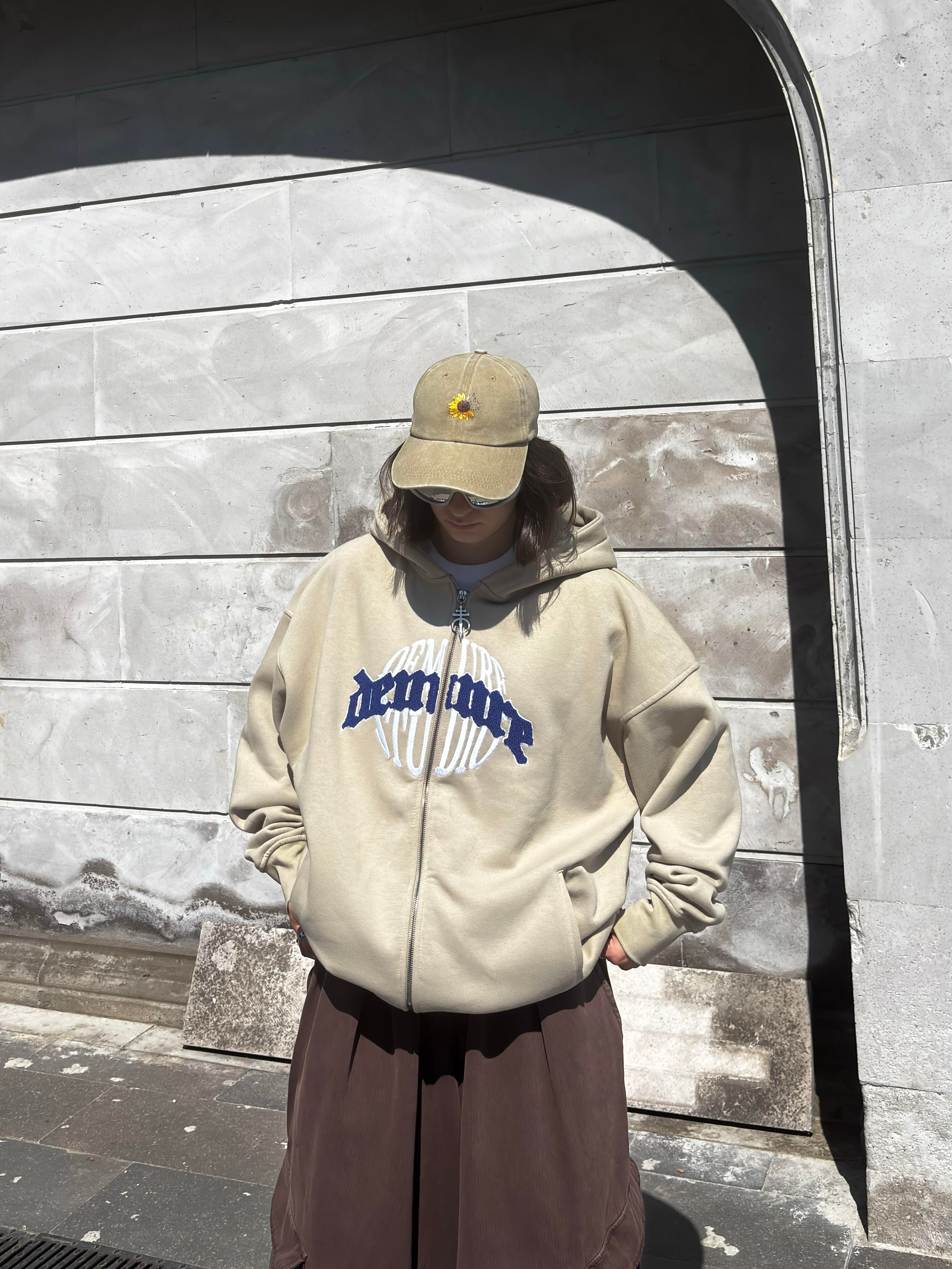  Premium Cream Ton Nakışlı Zipper Oversized Hoodie