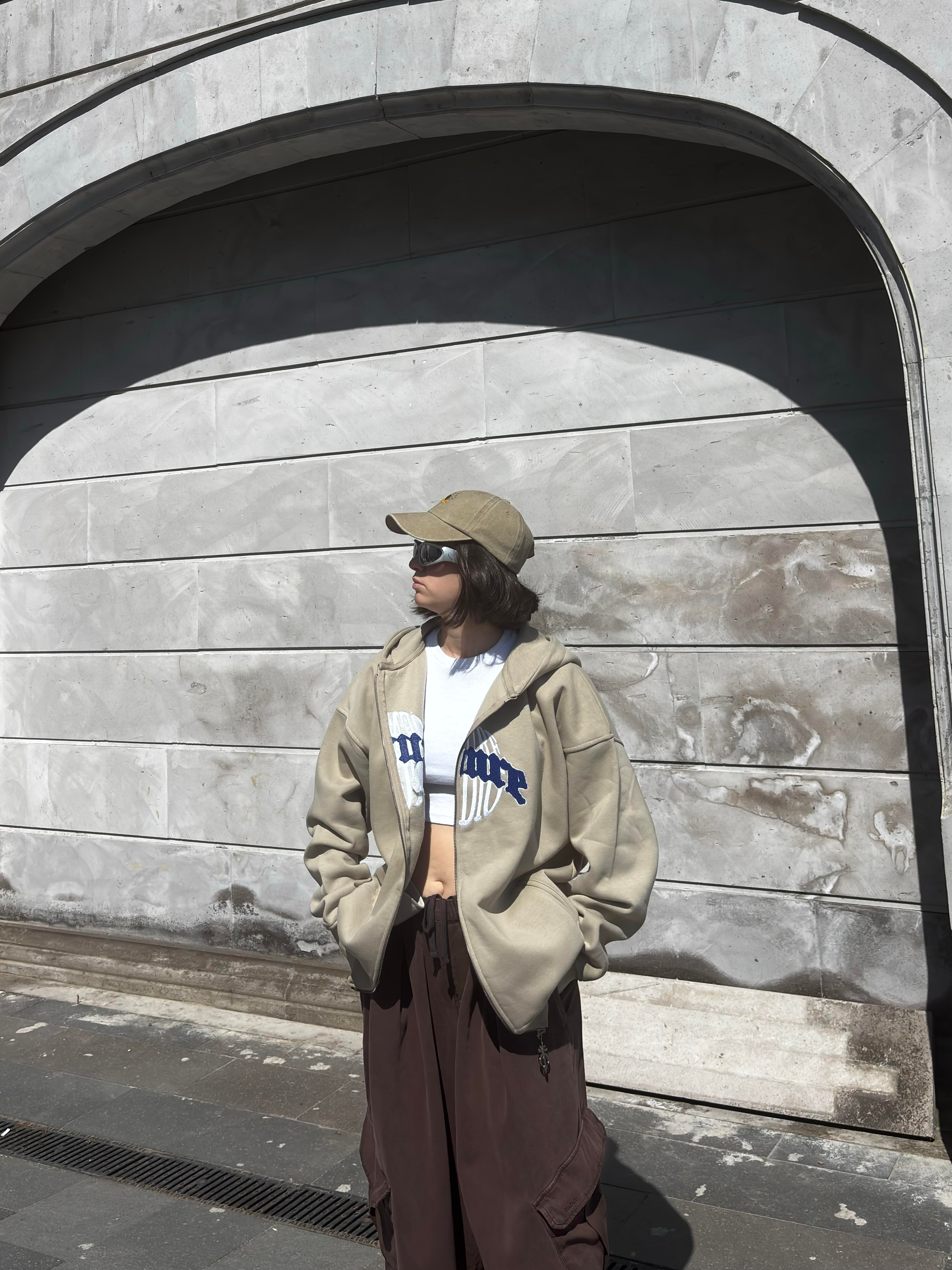  Premium Cream Ton Nakışlı Zipper Oversized Hoodie