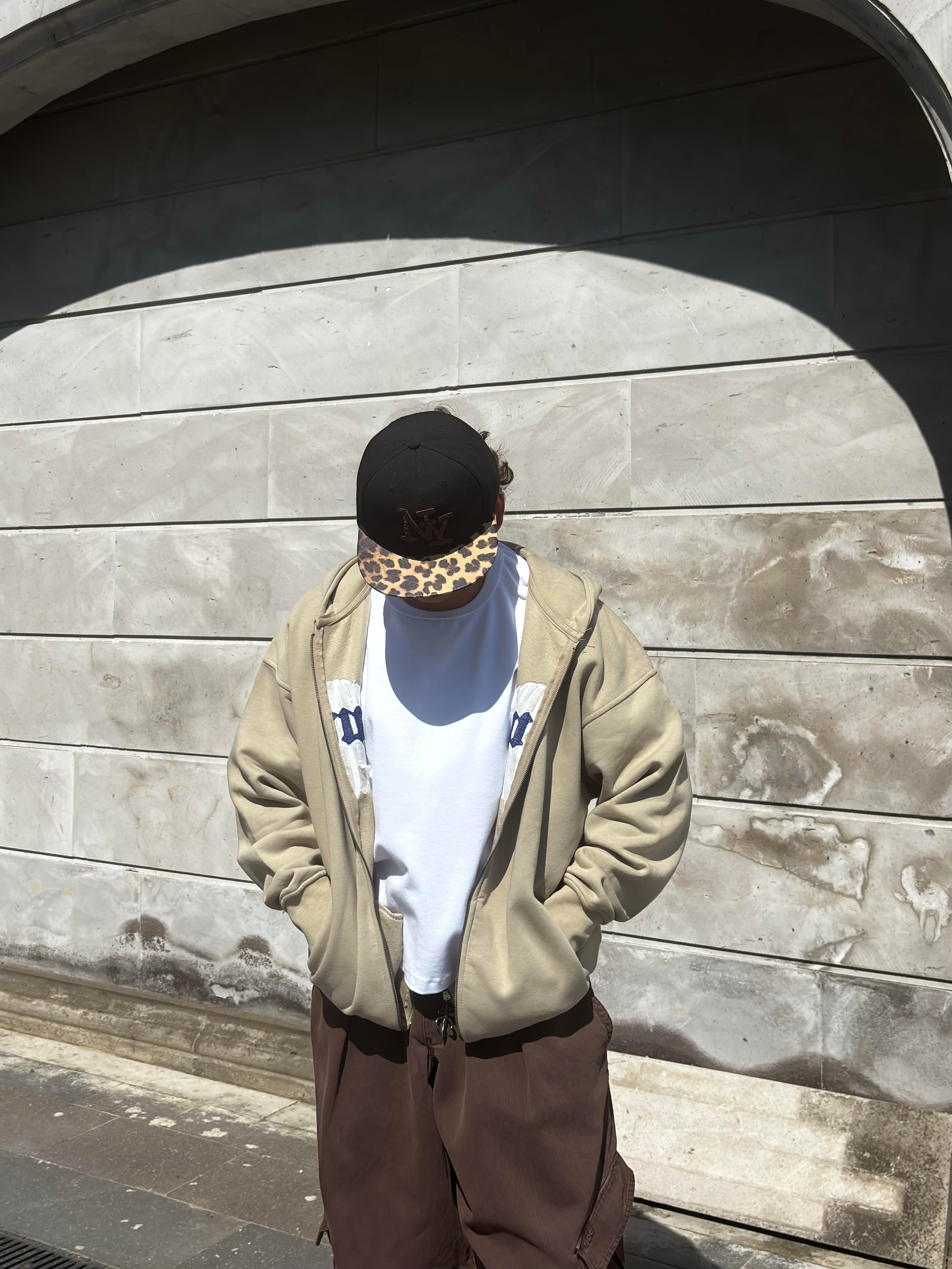  Premium Cream Ton Nakışlı Zipper Oversized Hoodie