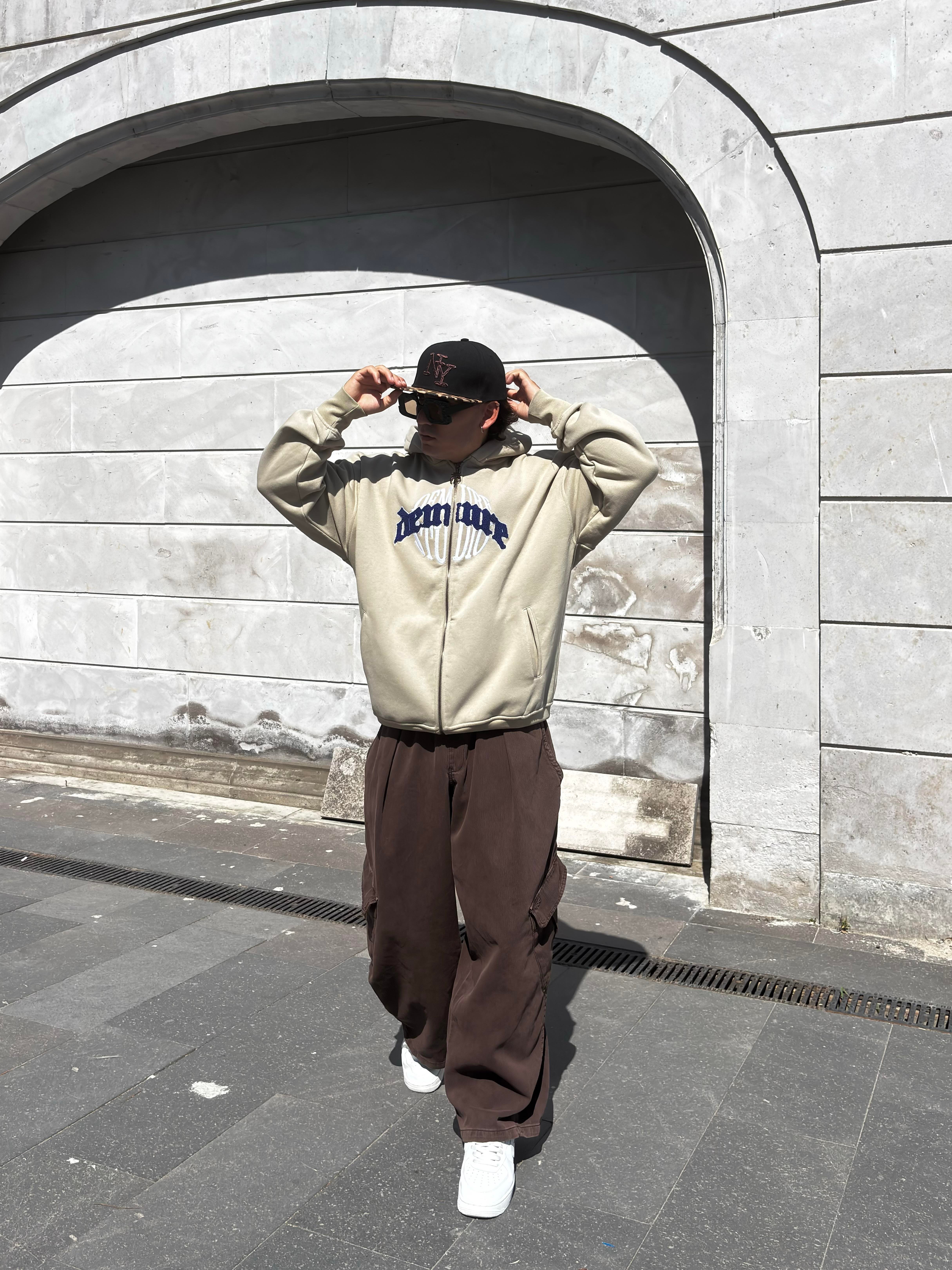  Premium Cream Ton Nakışlı Zipper Oversized Hoodie