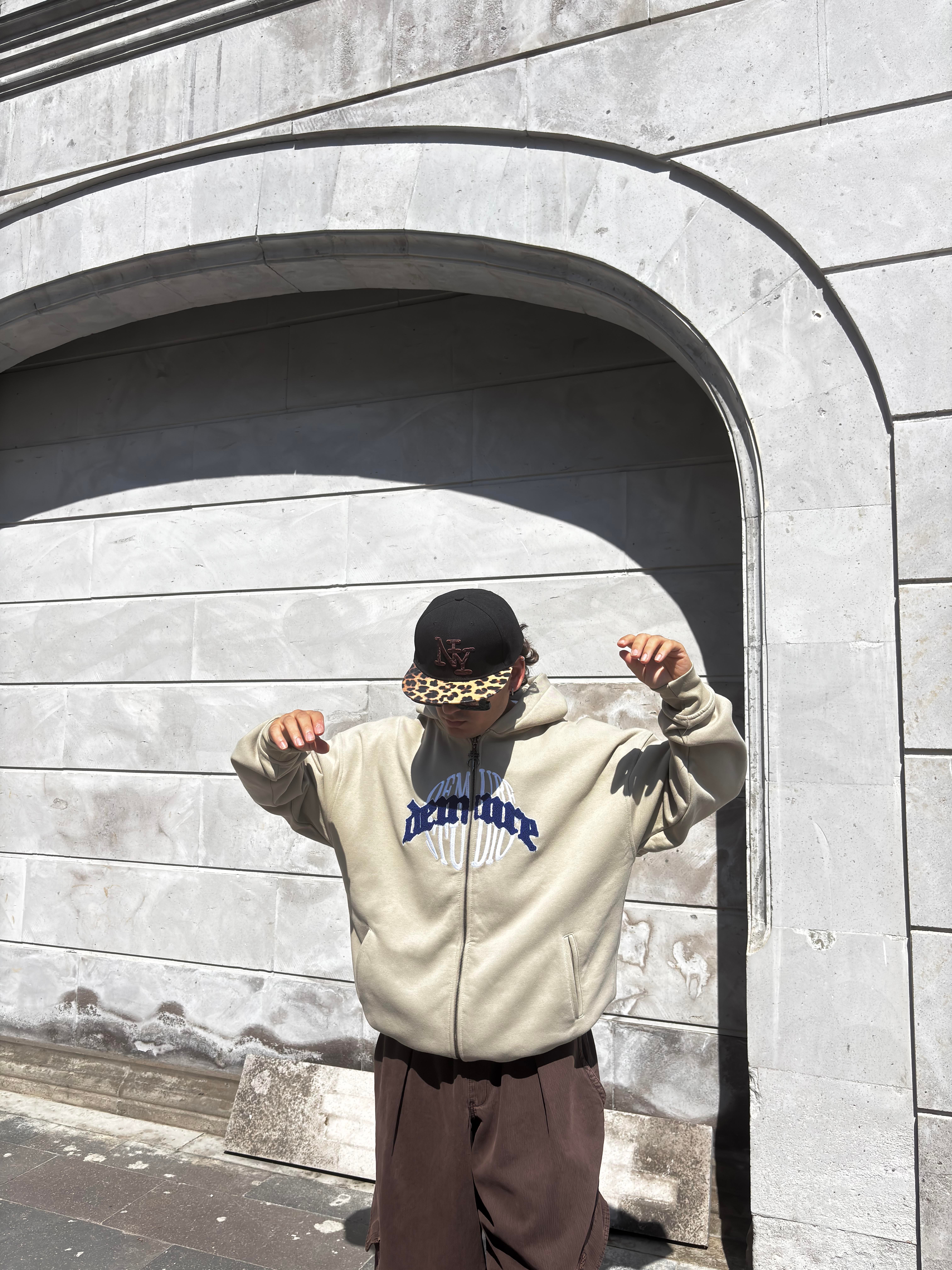  Premium Cream Ton Nakışlı Zipper Oversized Hoodie