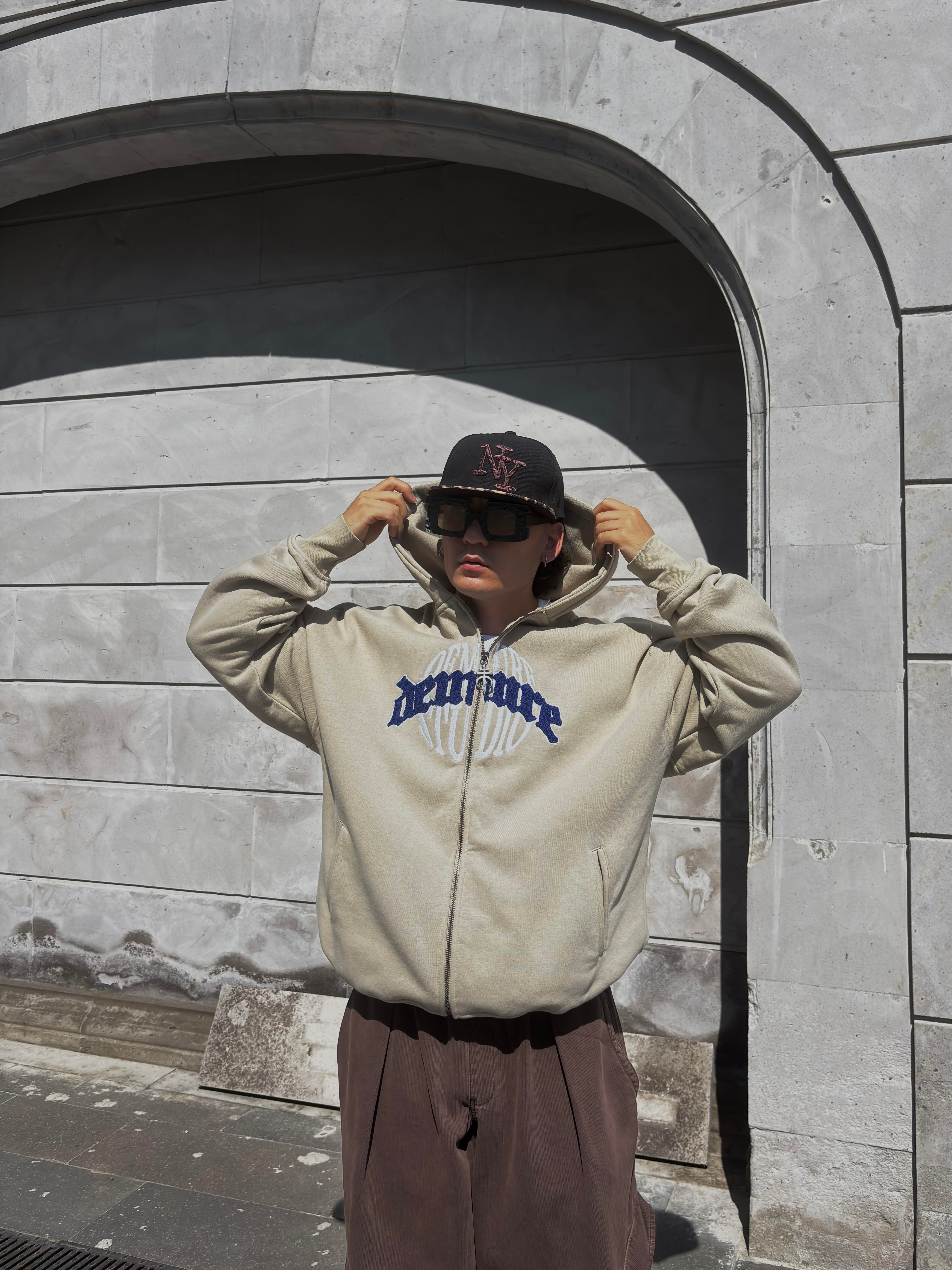  Premium Cream Ton Nakışlı Zipper Oversized Hoodie