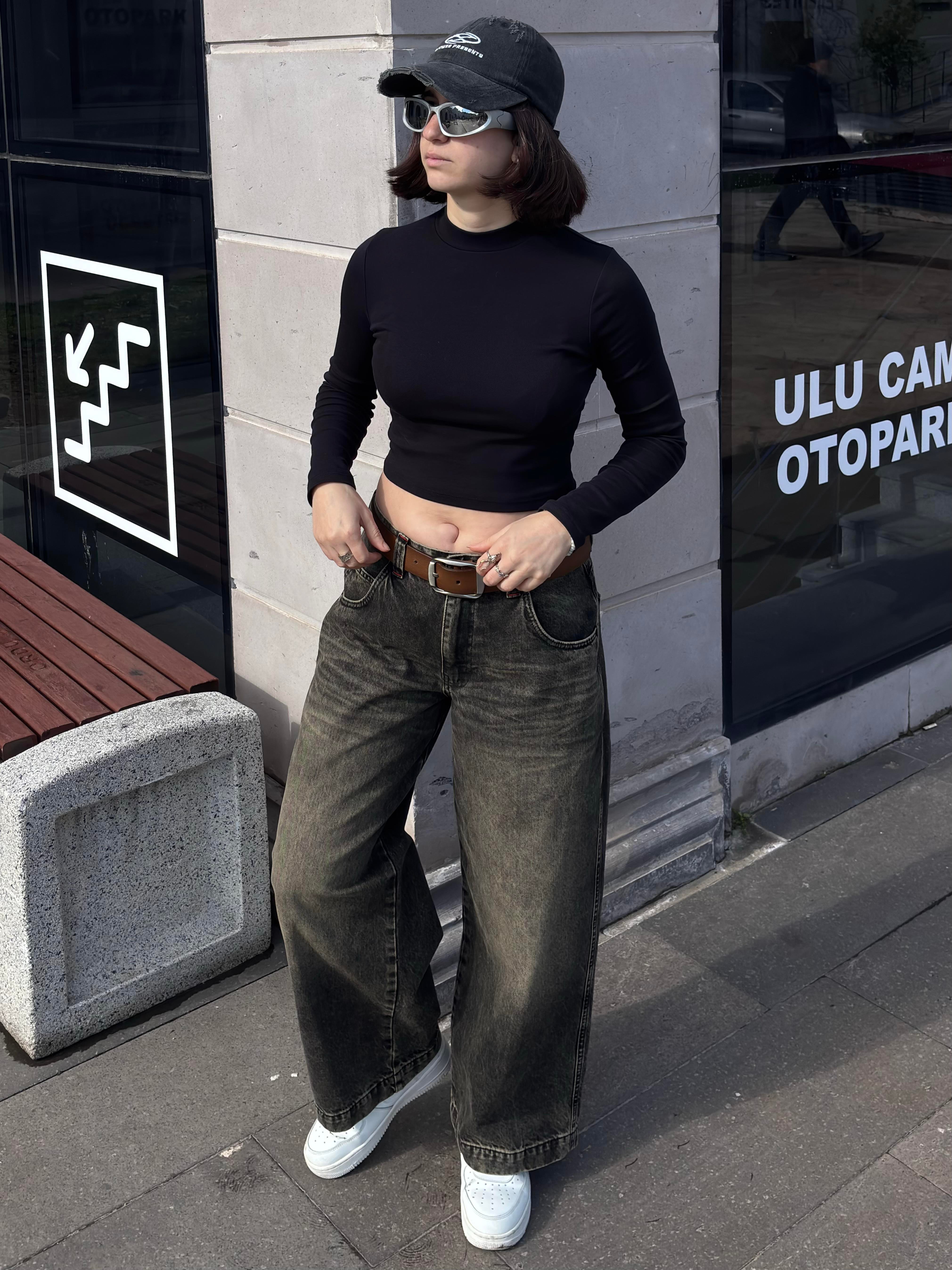 Antrasit Brown Eskitme Ton Baggy Jean