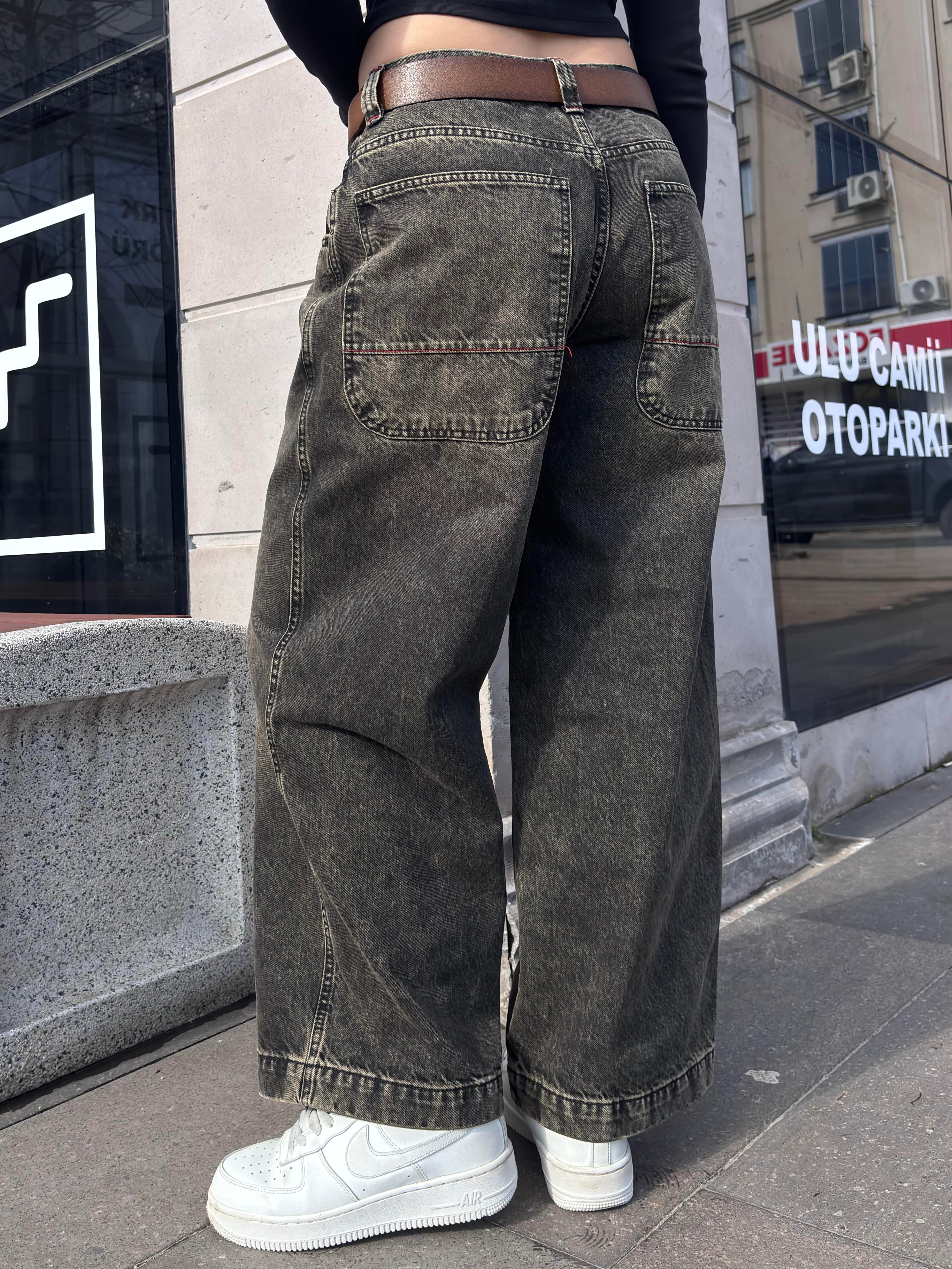 Antrasit Brown Eskitme Ton Baggy Jean
