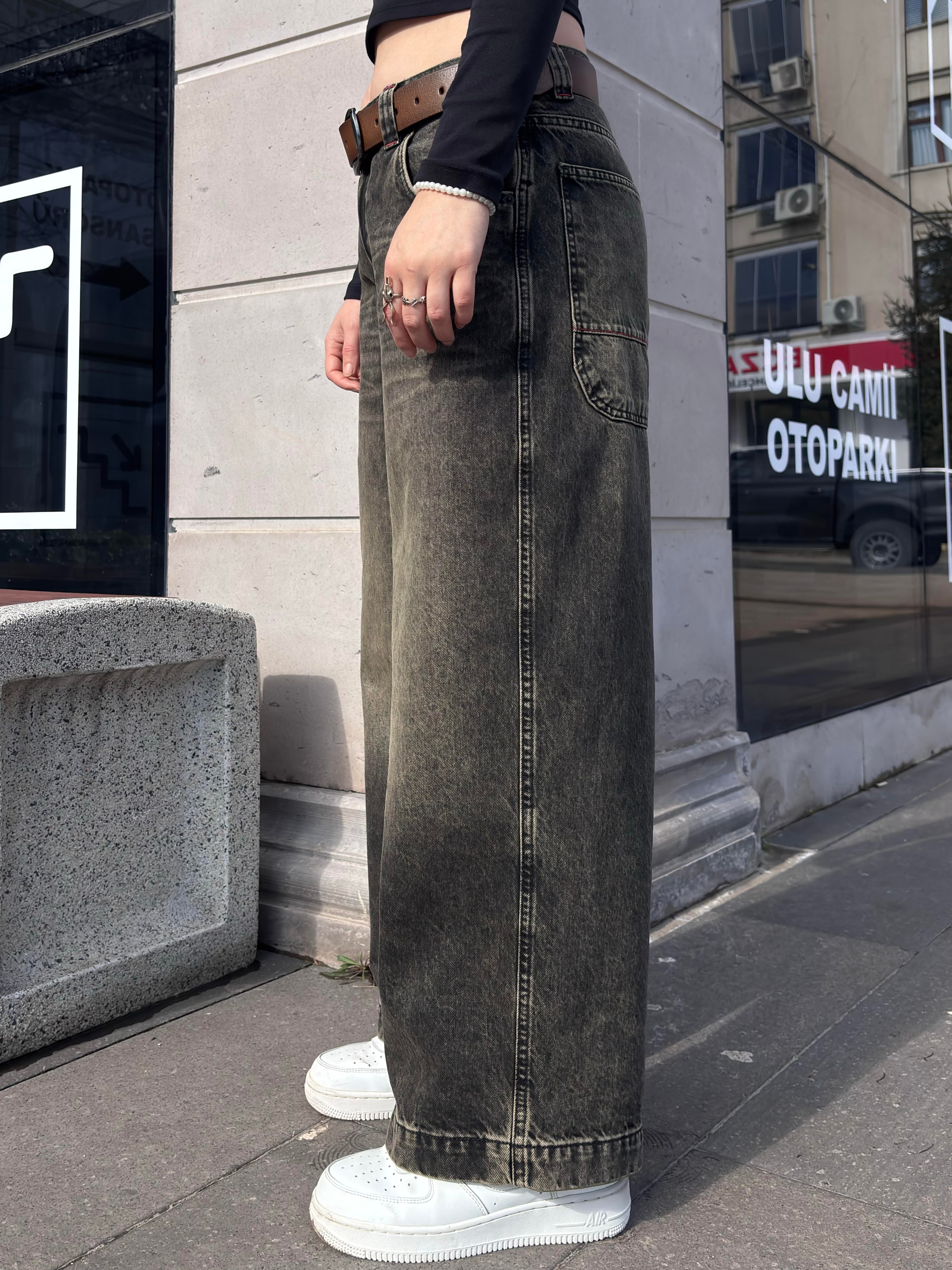 Antrasit Brown Eskitme Ton Baggy Jean