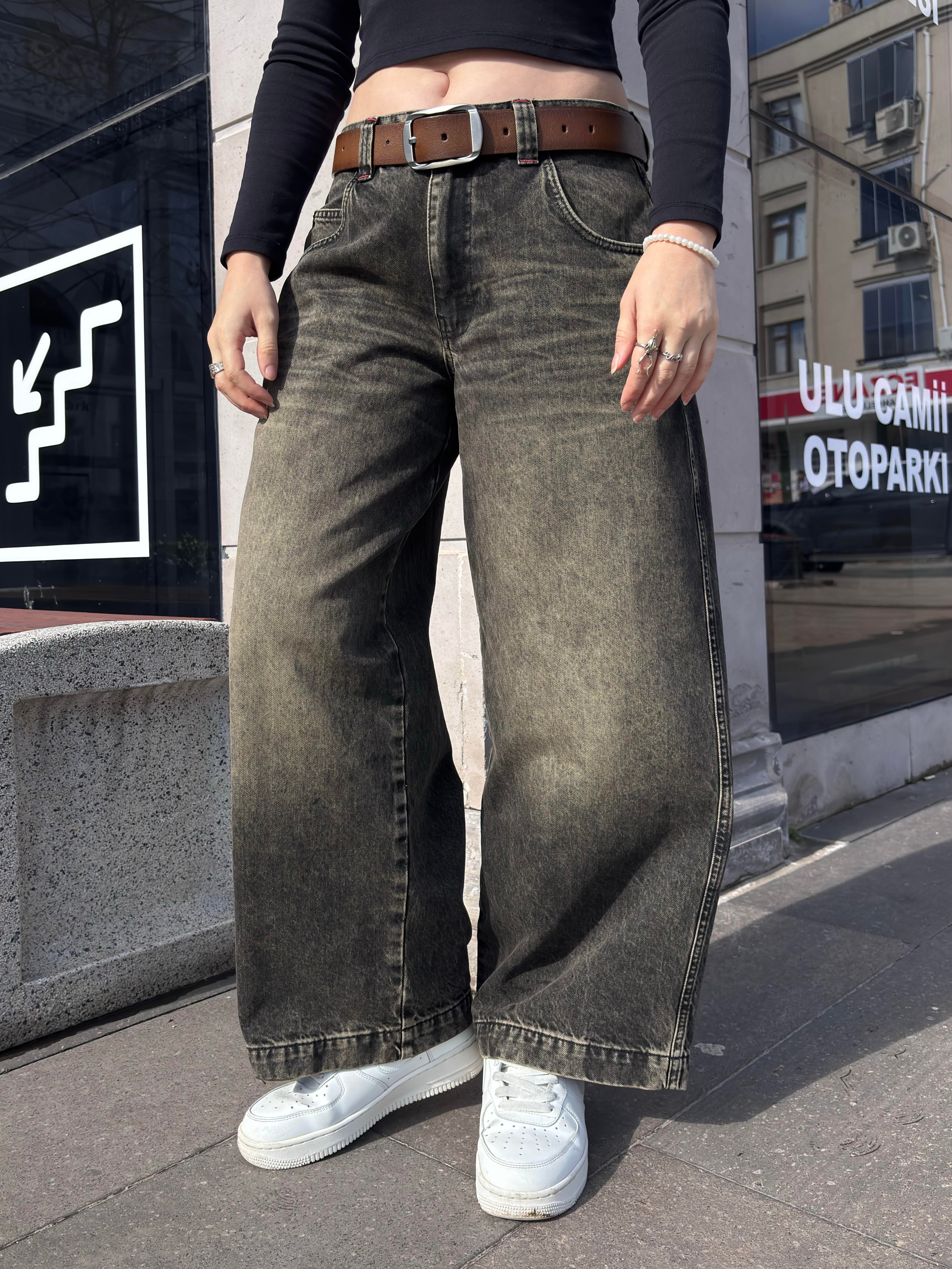 Antrasit Brown Eskitme Ton Baggy Jean