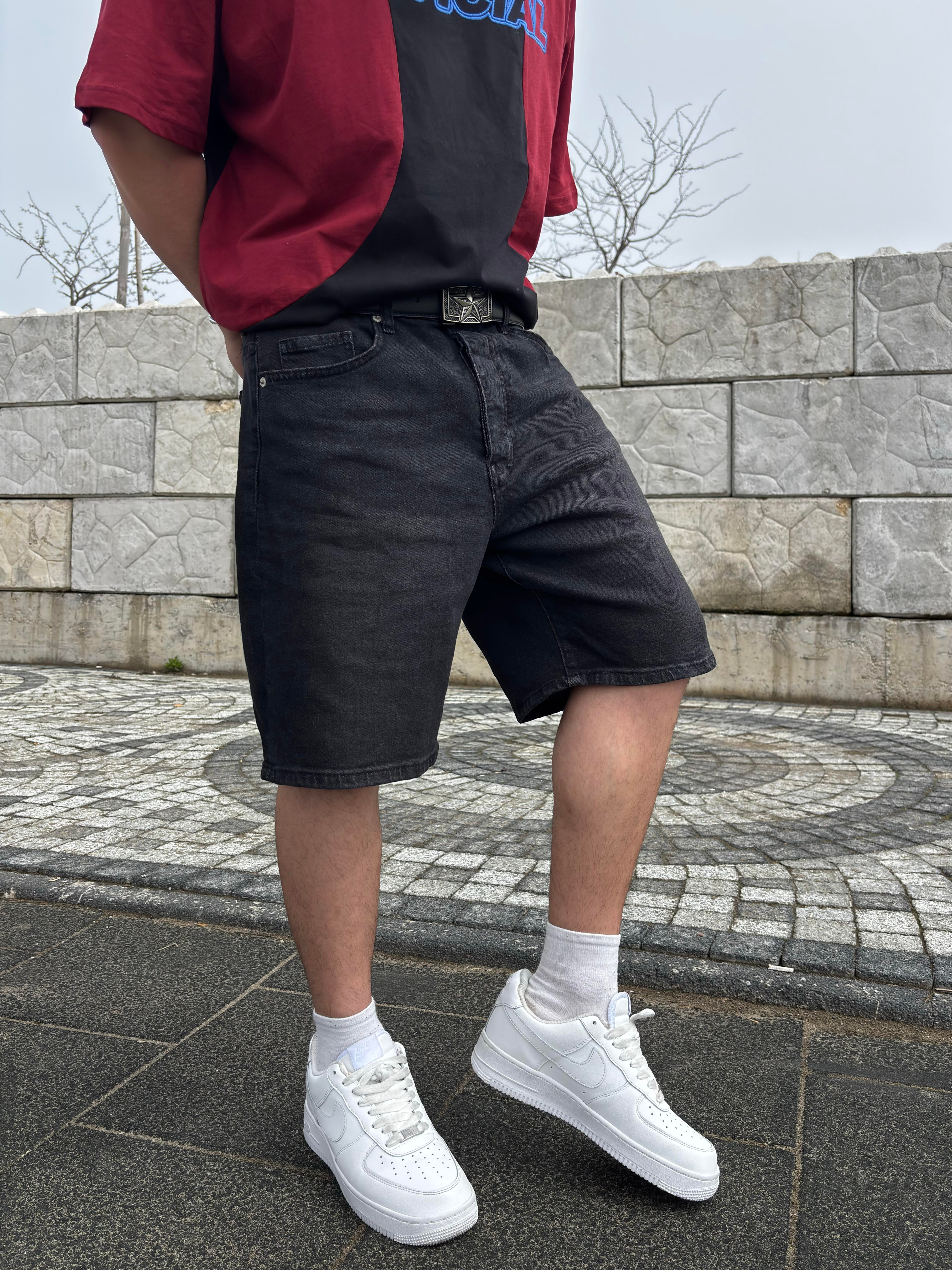 Antrasit Ton Denim Baggy Şort