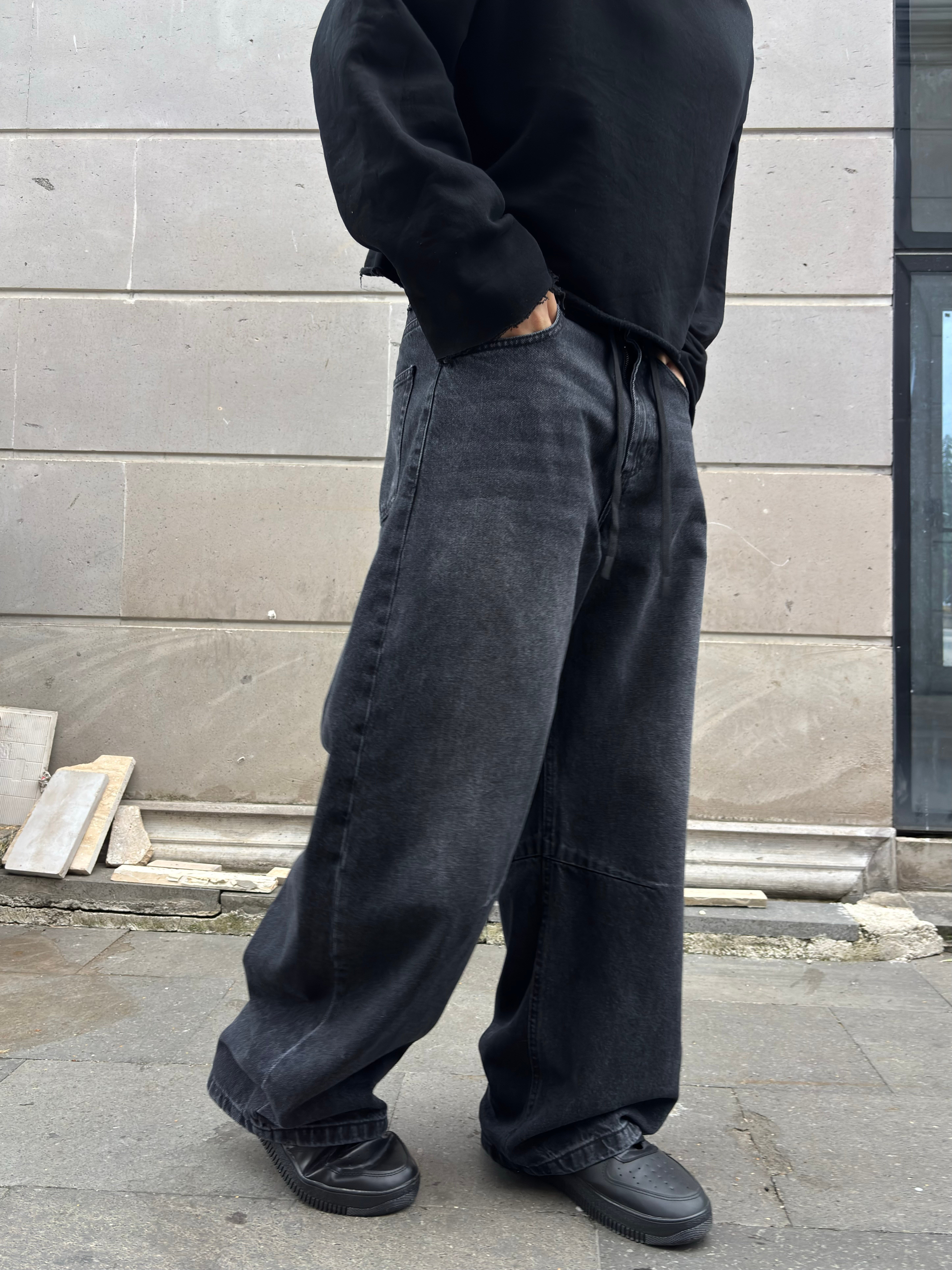 Antrasit Ton Eskitmeli Original Baggy İpli Jeans