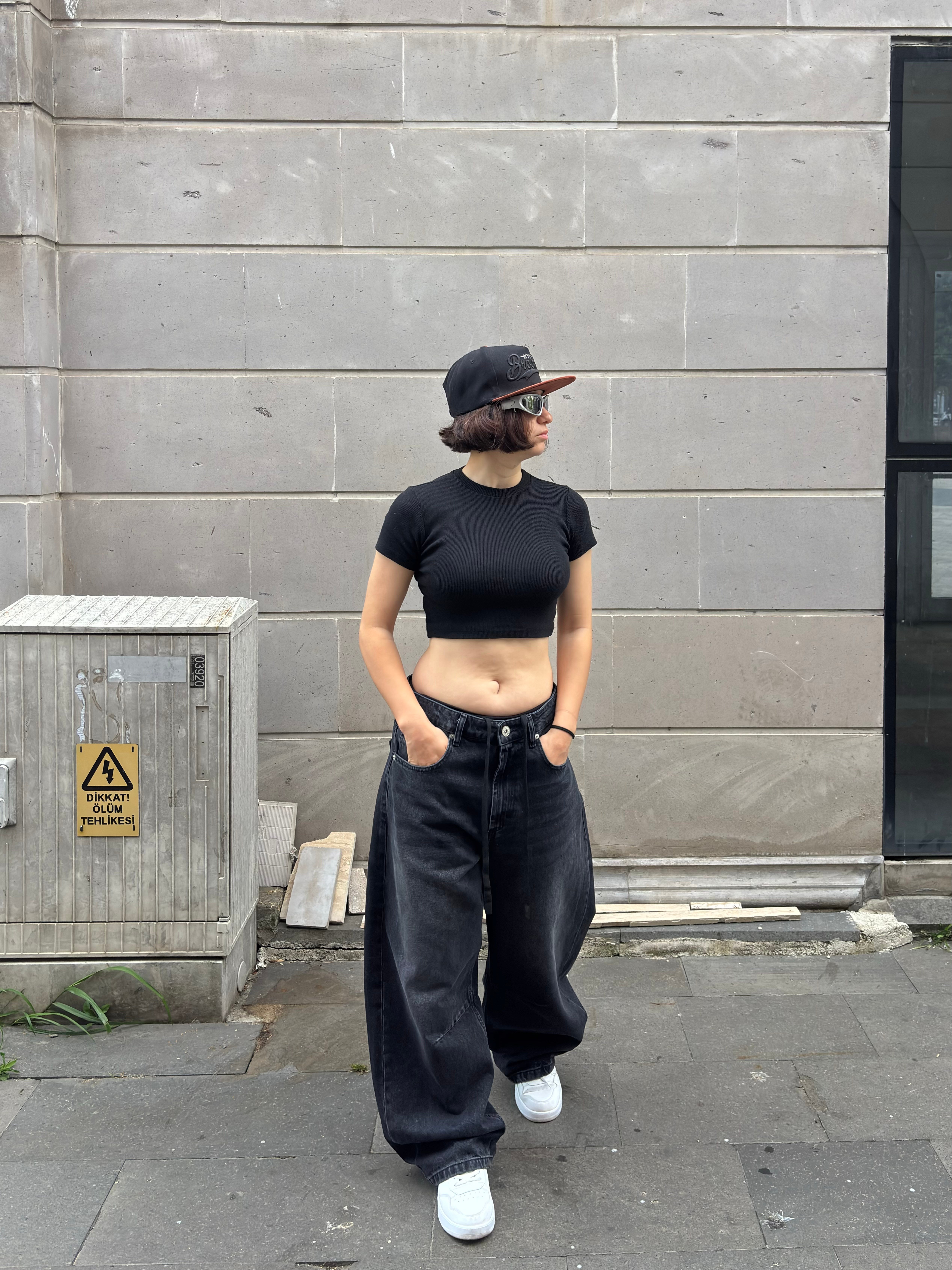 Antrasit Ton Eskitmeli Original Baggy İpli Jeans