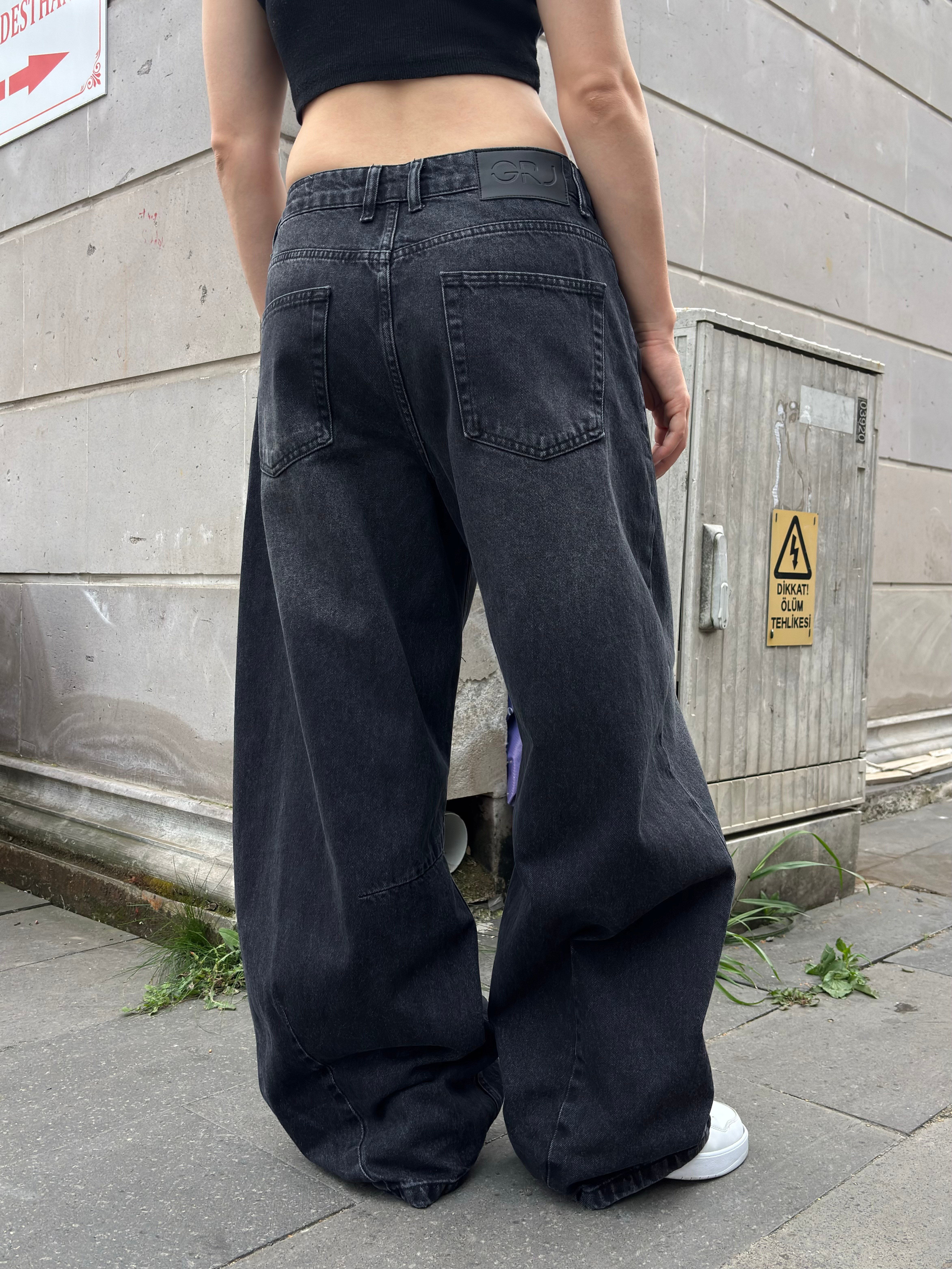 Antrasit Ton Eskitmeli Original Baggy İpli Jeans