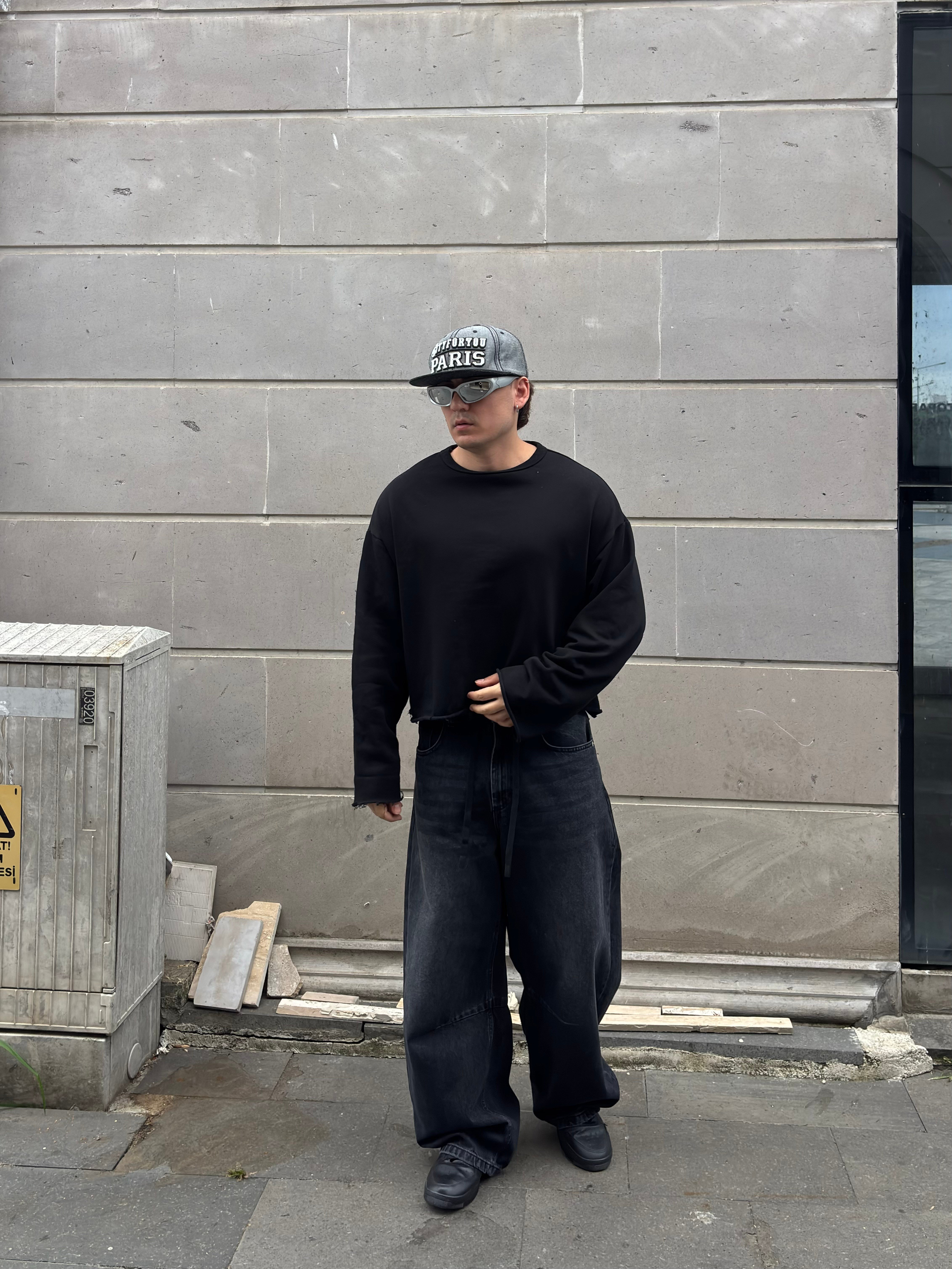 Antrasit Ton Eskitmeli Original Baggy İpli Jeans