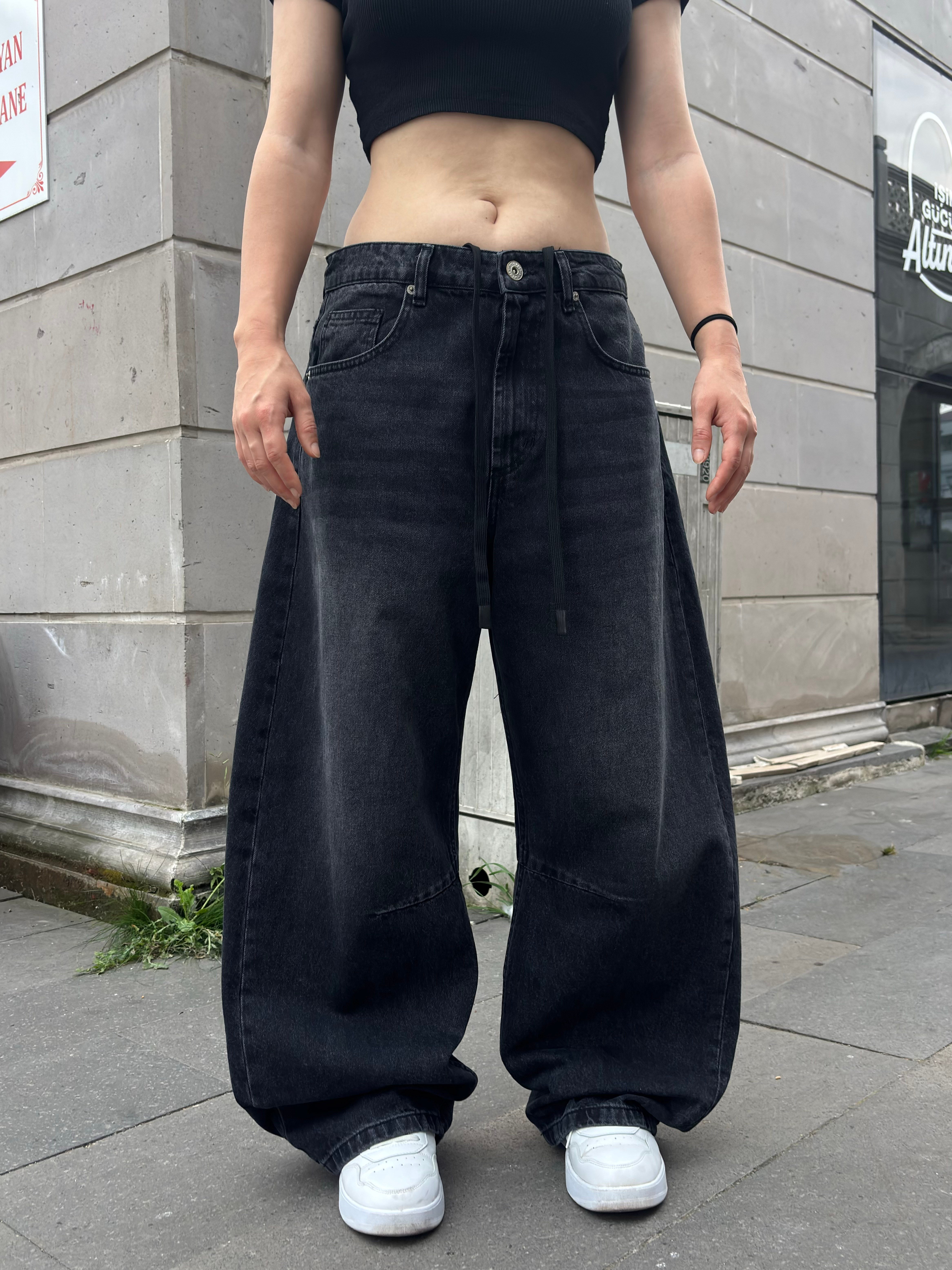 Antrasit Ton Eskitmeli Original Baggy İpli Jeans