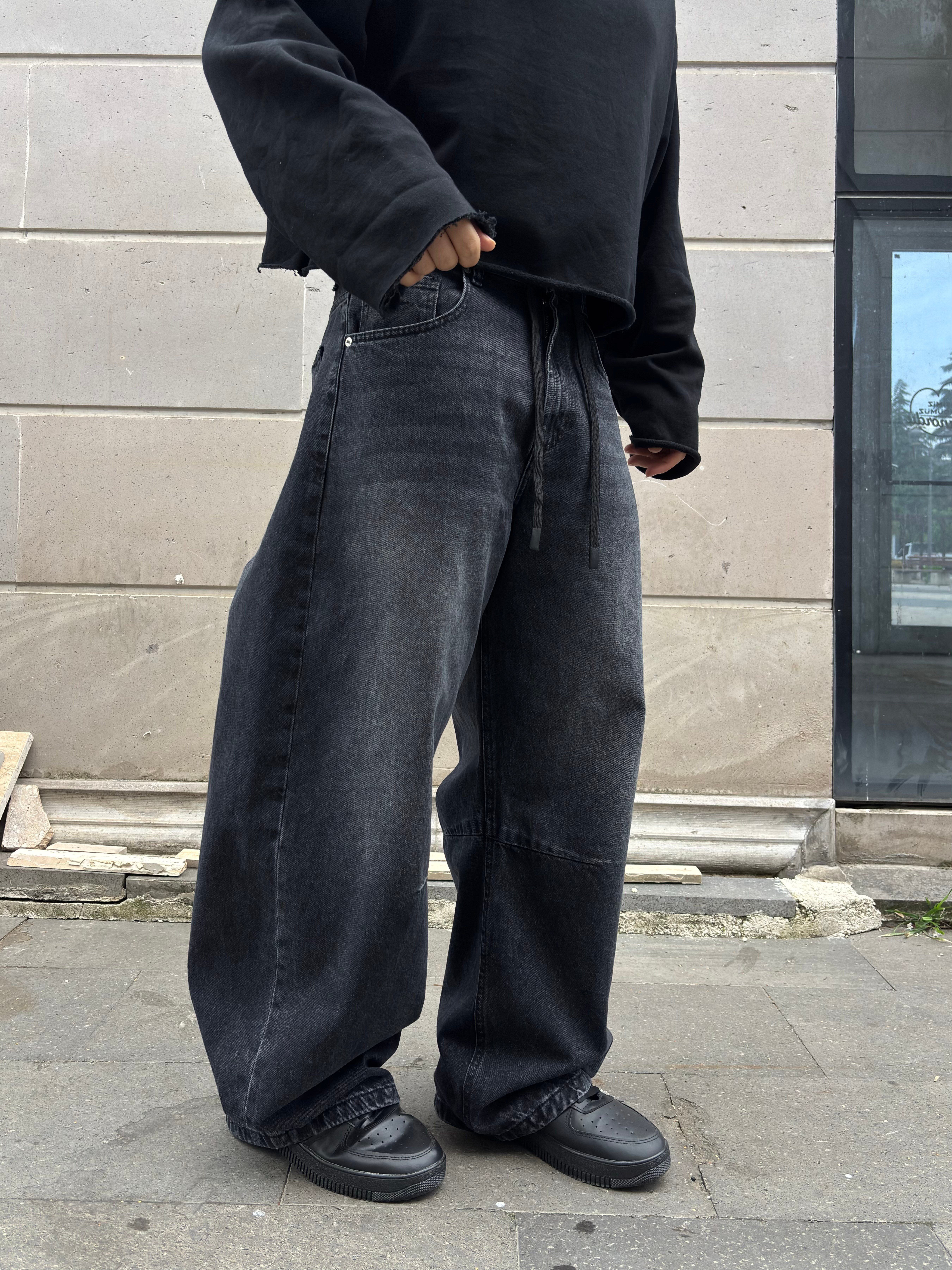 Antrasit Ton Eskitmeli Original Baggy İpli Jeans