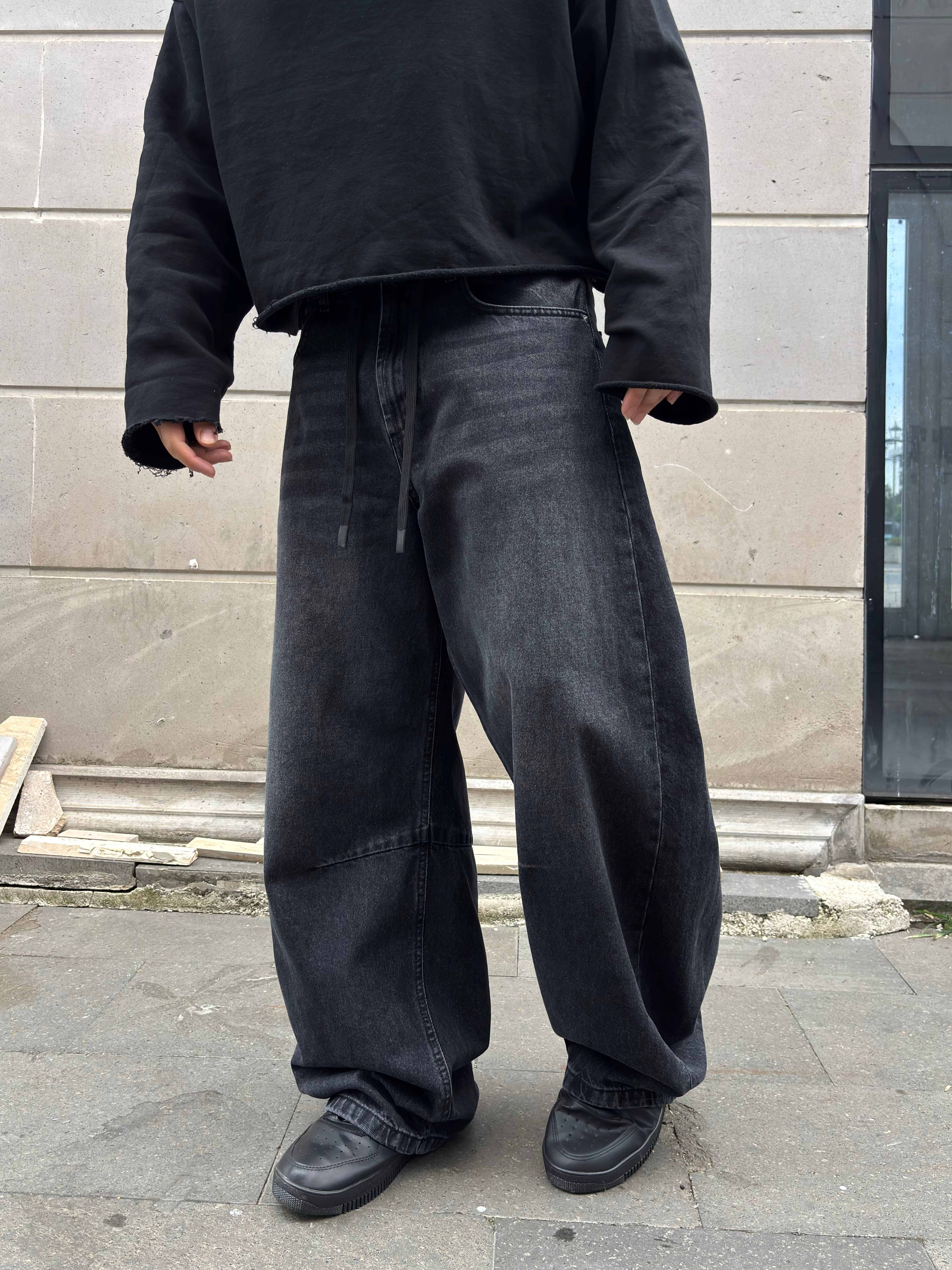 Antrasit Ton Eskitmeli Original Baggy İpli Jeans