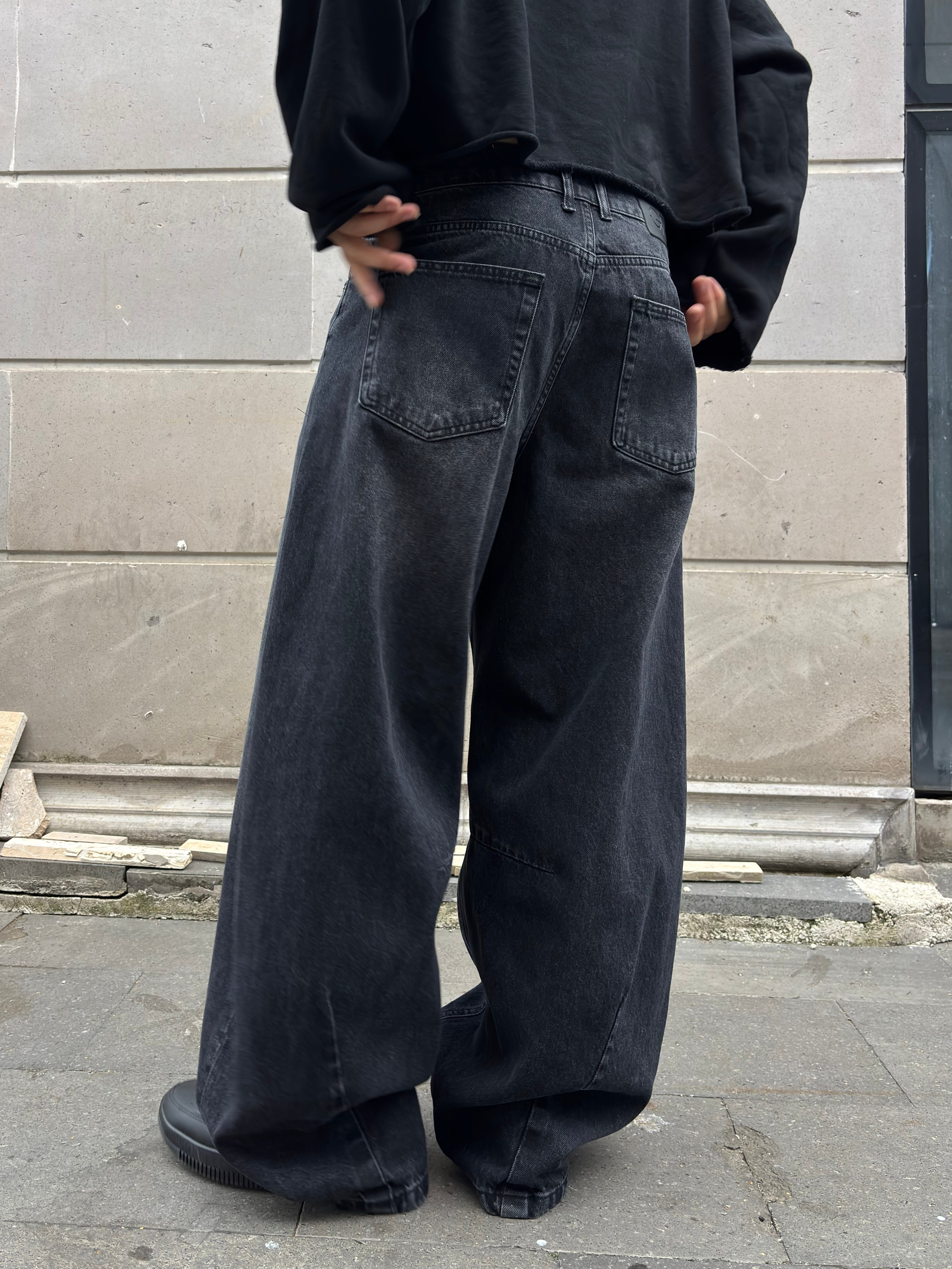 Antrasit Ton Eskitmeli Original Baggy İpli Jeans