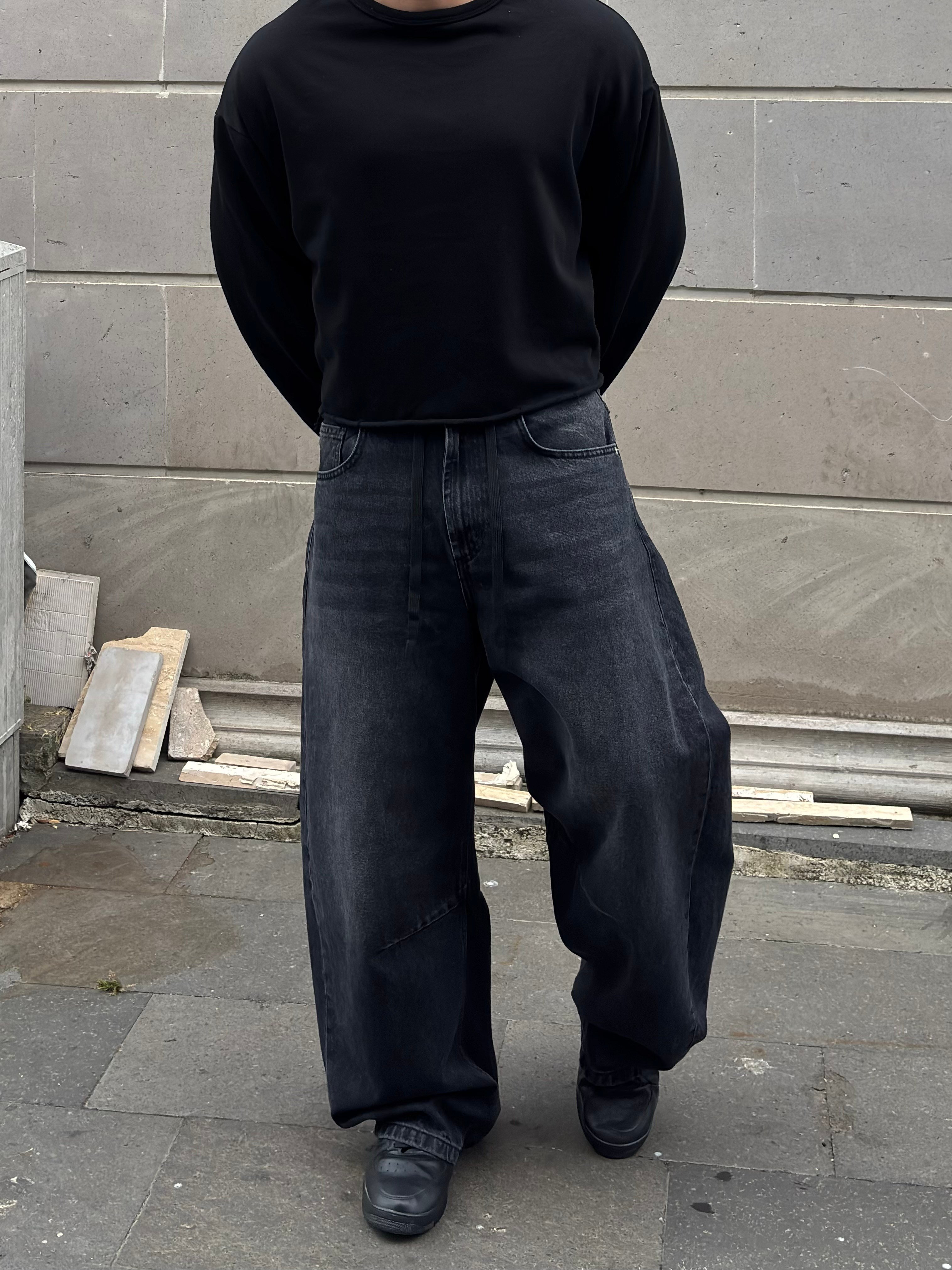 Antrasit Ton Eskitmeli Original Baggy İpli Jeans