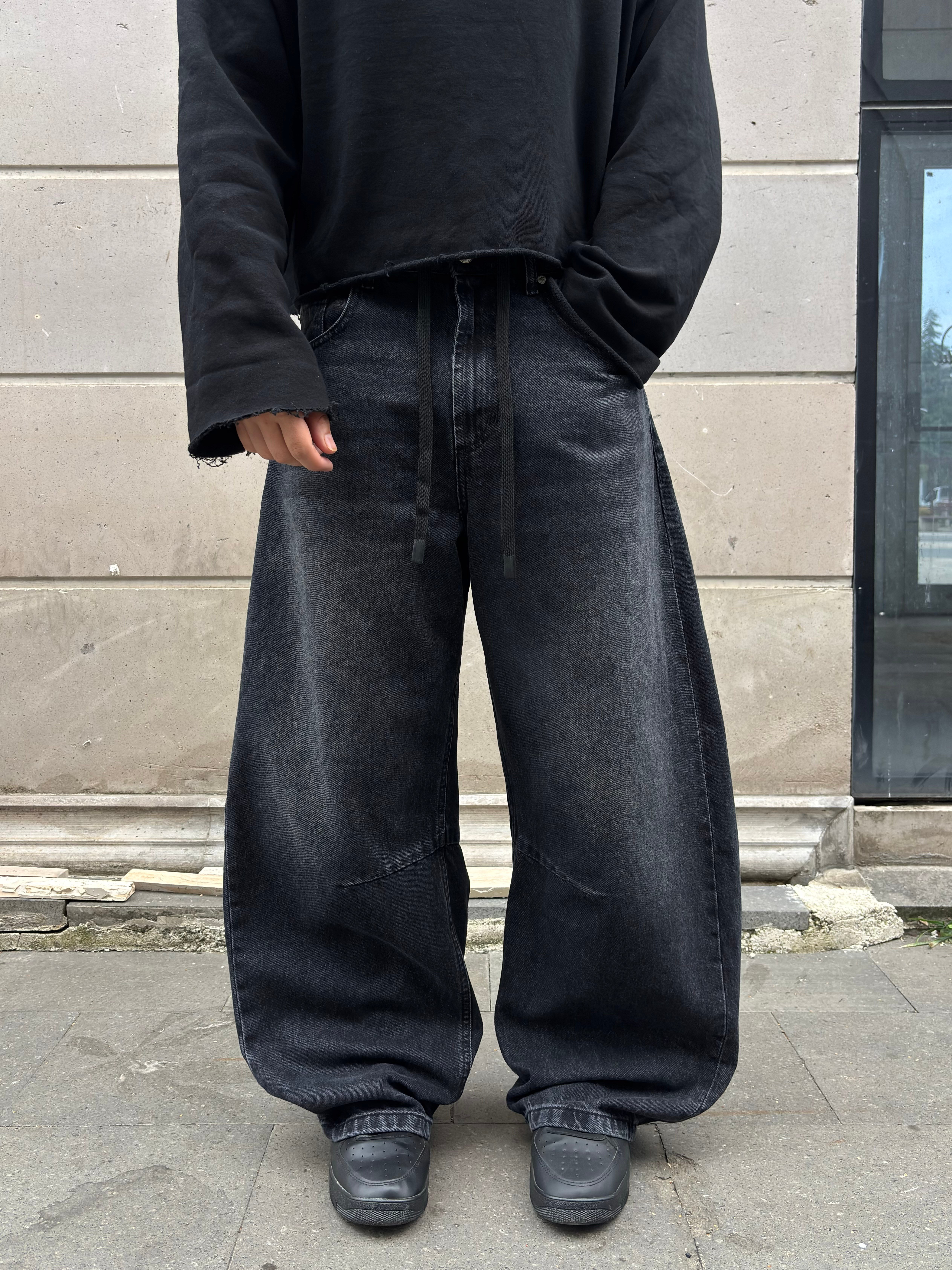 Antrasit Ton Eskitmeli Original Baggy İpli Jeans