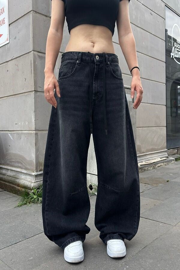 Antrasit Ton Eskitmeli Original Baggy İpli Jeans