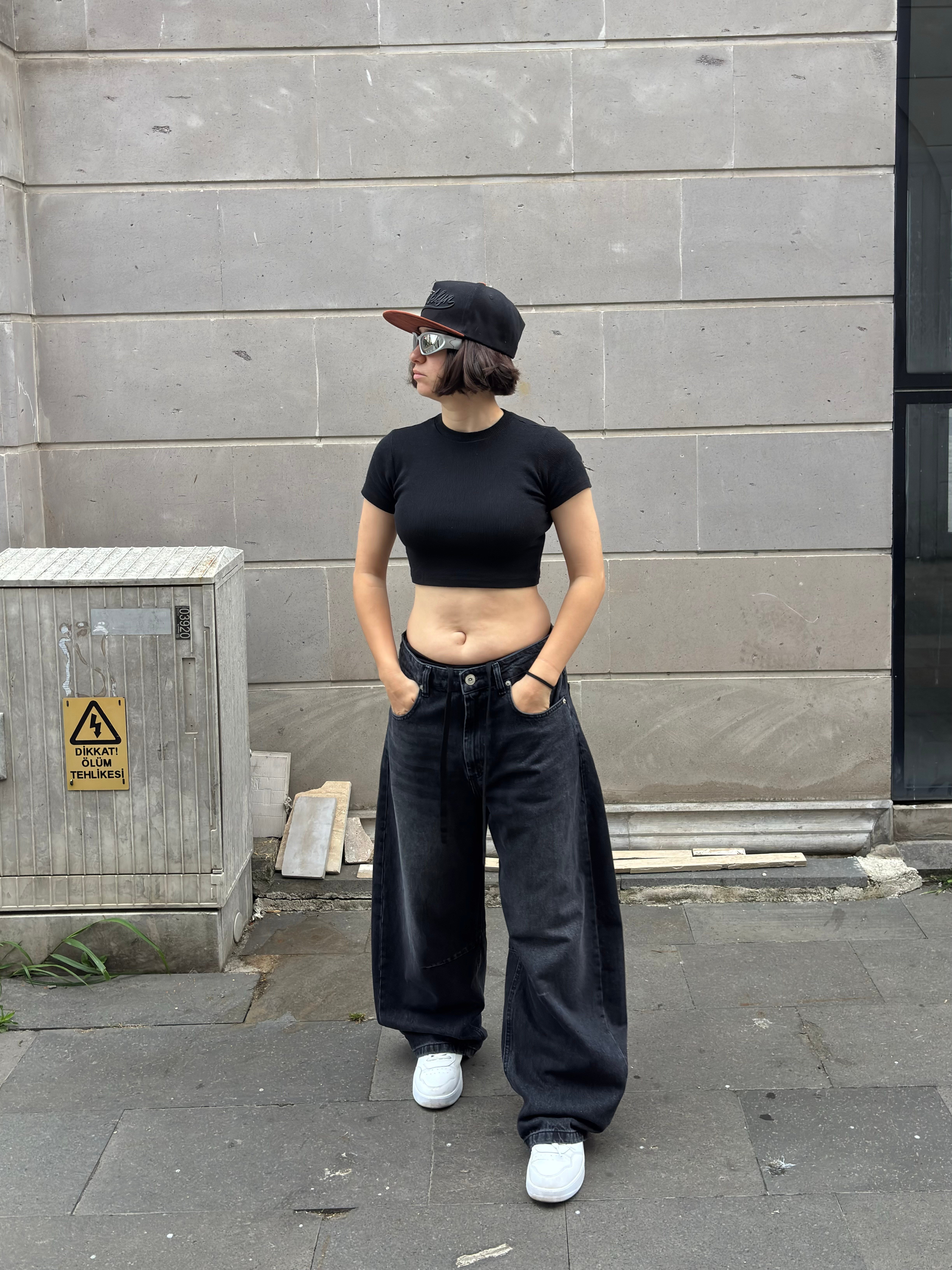 Antrasit Ton Eskitmeli Original Baggy İpli Jeans