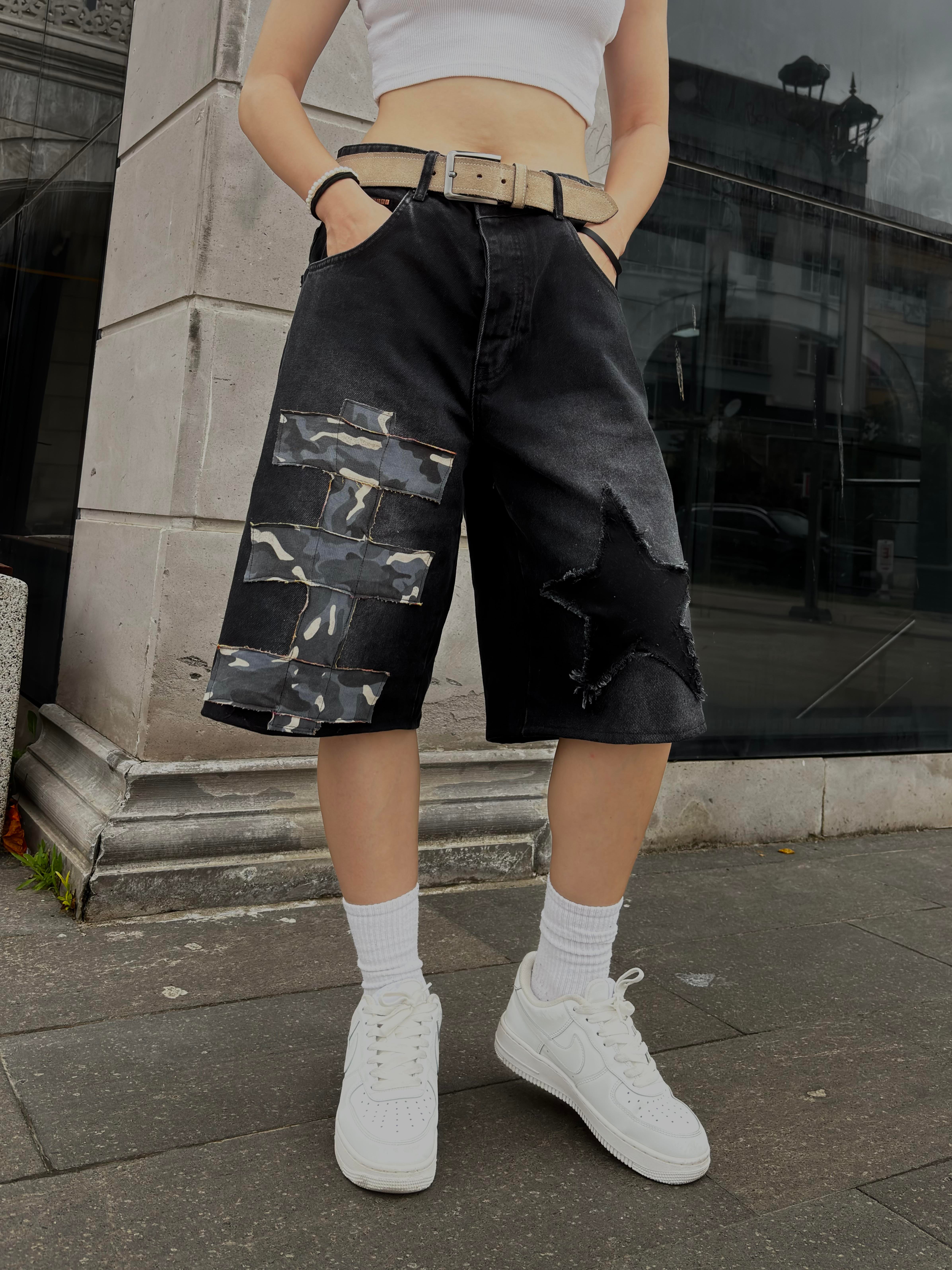 Antrasit Tone Camo Star Detail Denim Jorts