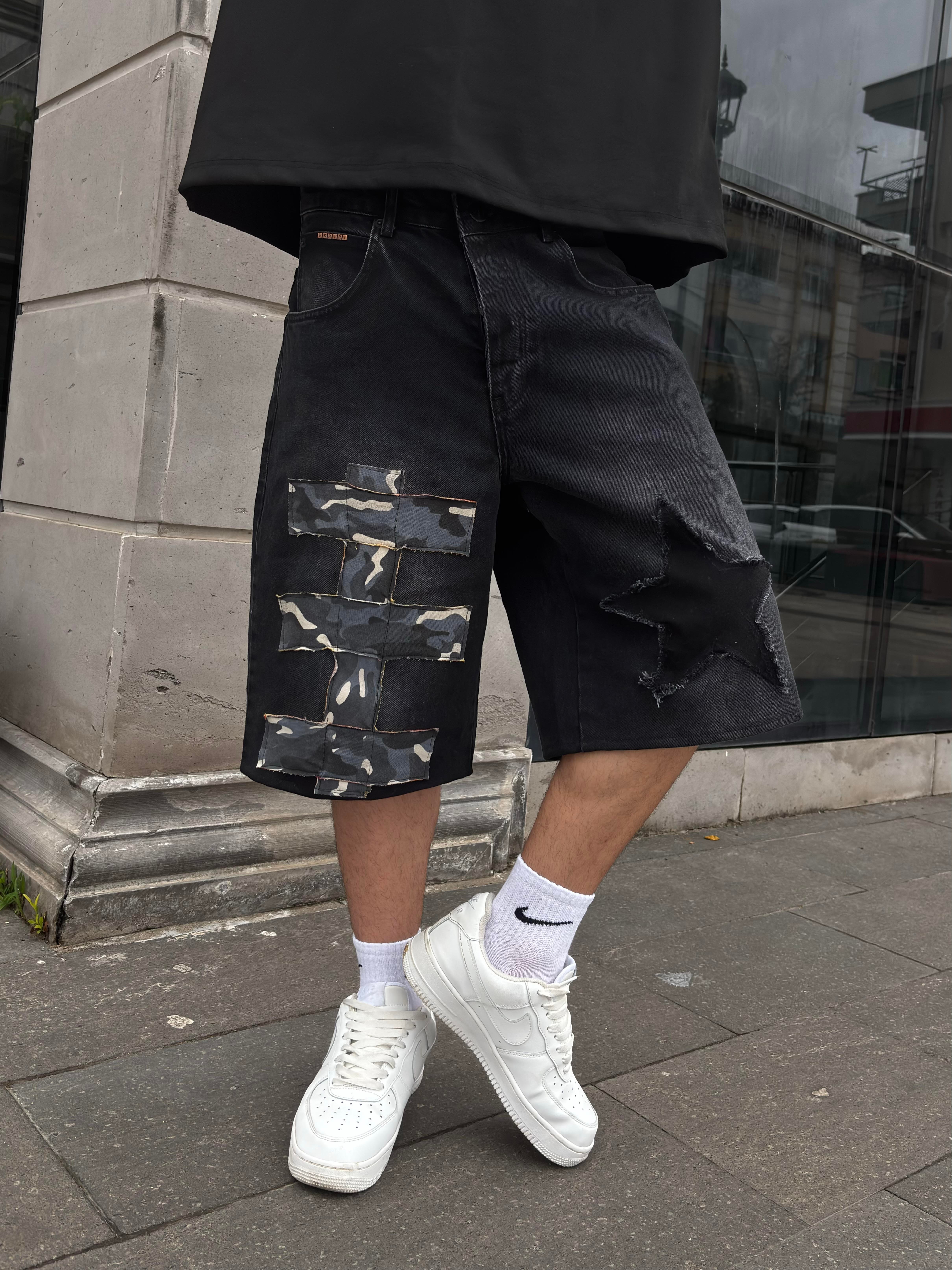 Antrasit Tone Camo Star Detail Denim Jorts