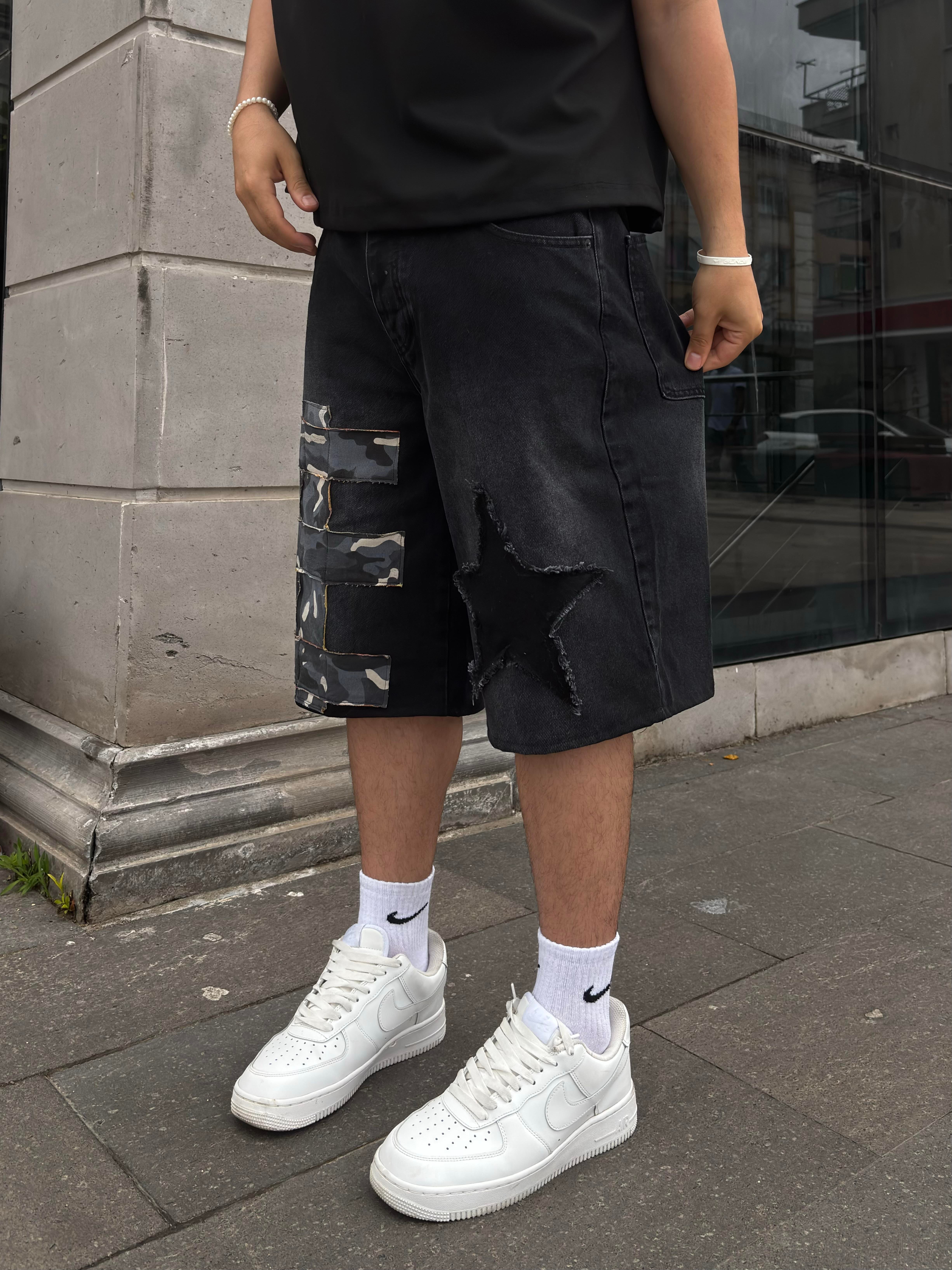 Antrasit Tone Camo Star Detail Denim Jorts