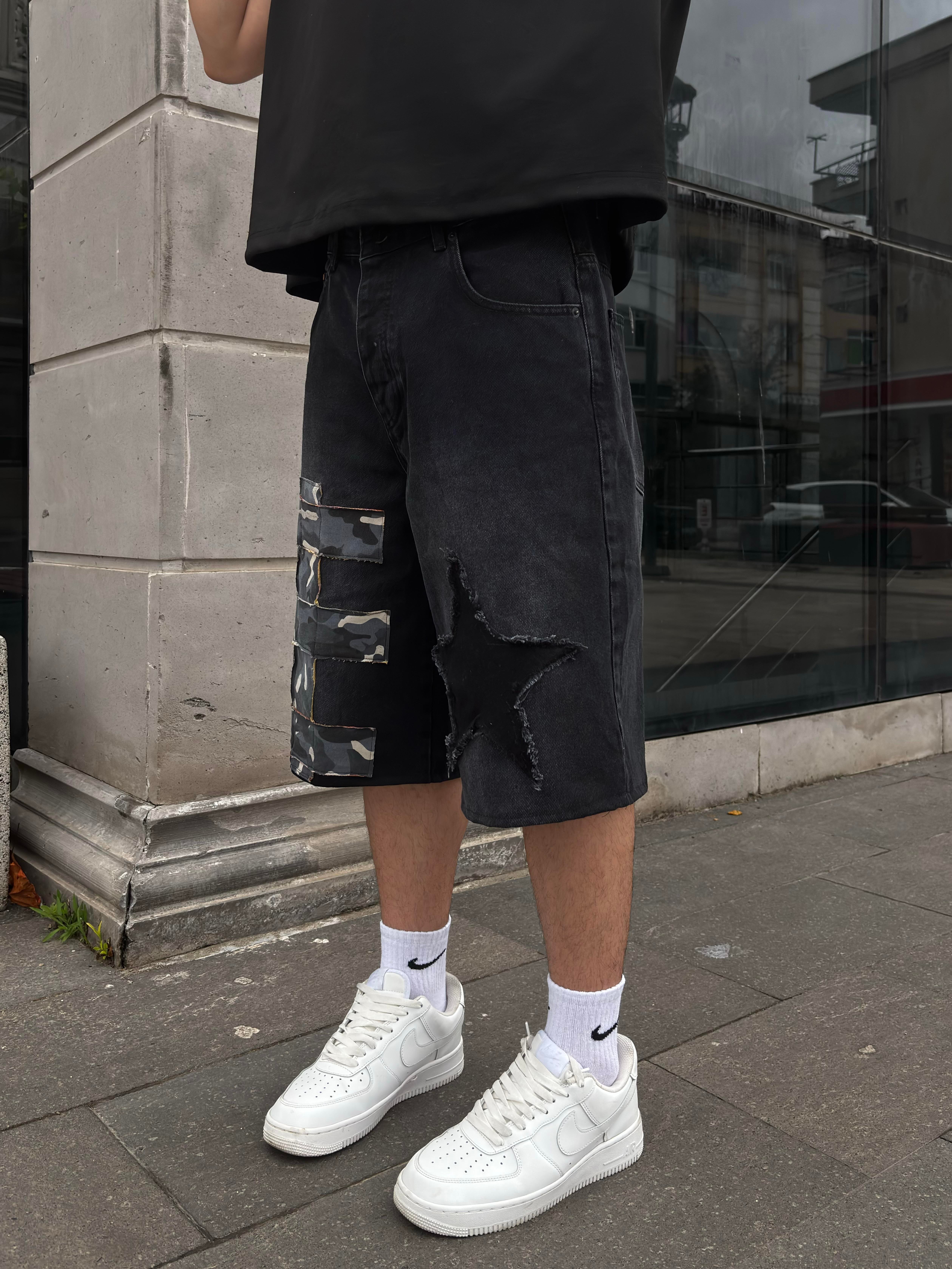 Antrasit Tone Camo Star Detail Denim Jorts