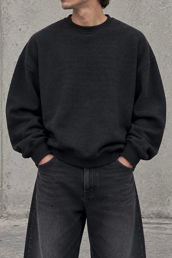 Antrasit Washed Tone Extra Oversized Bomber Sweatshirt
