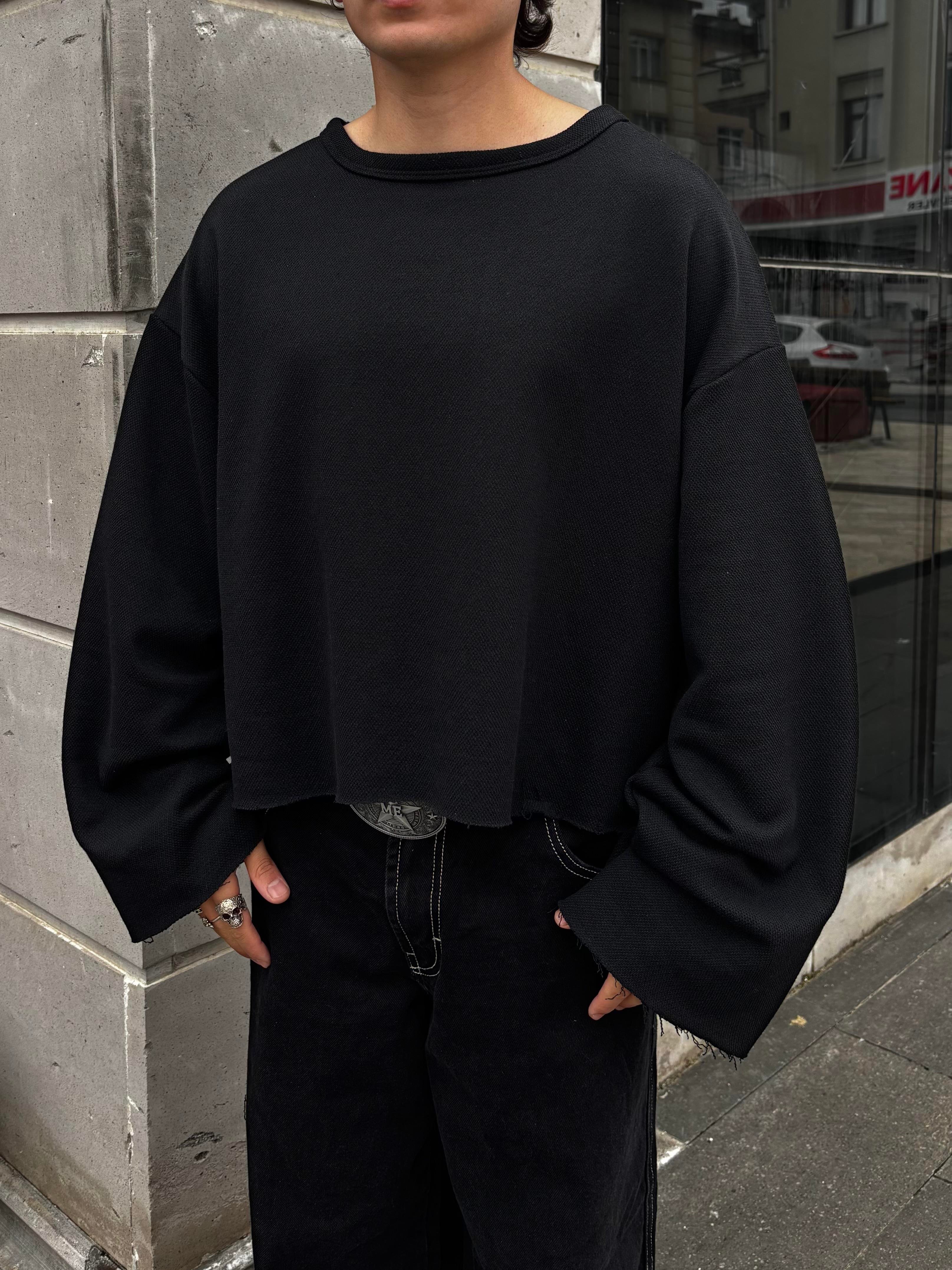 Black Boxy Fit Cut-Off Sweatshirt