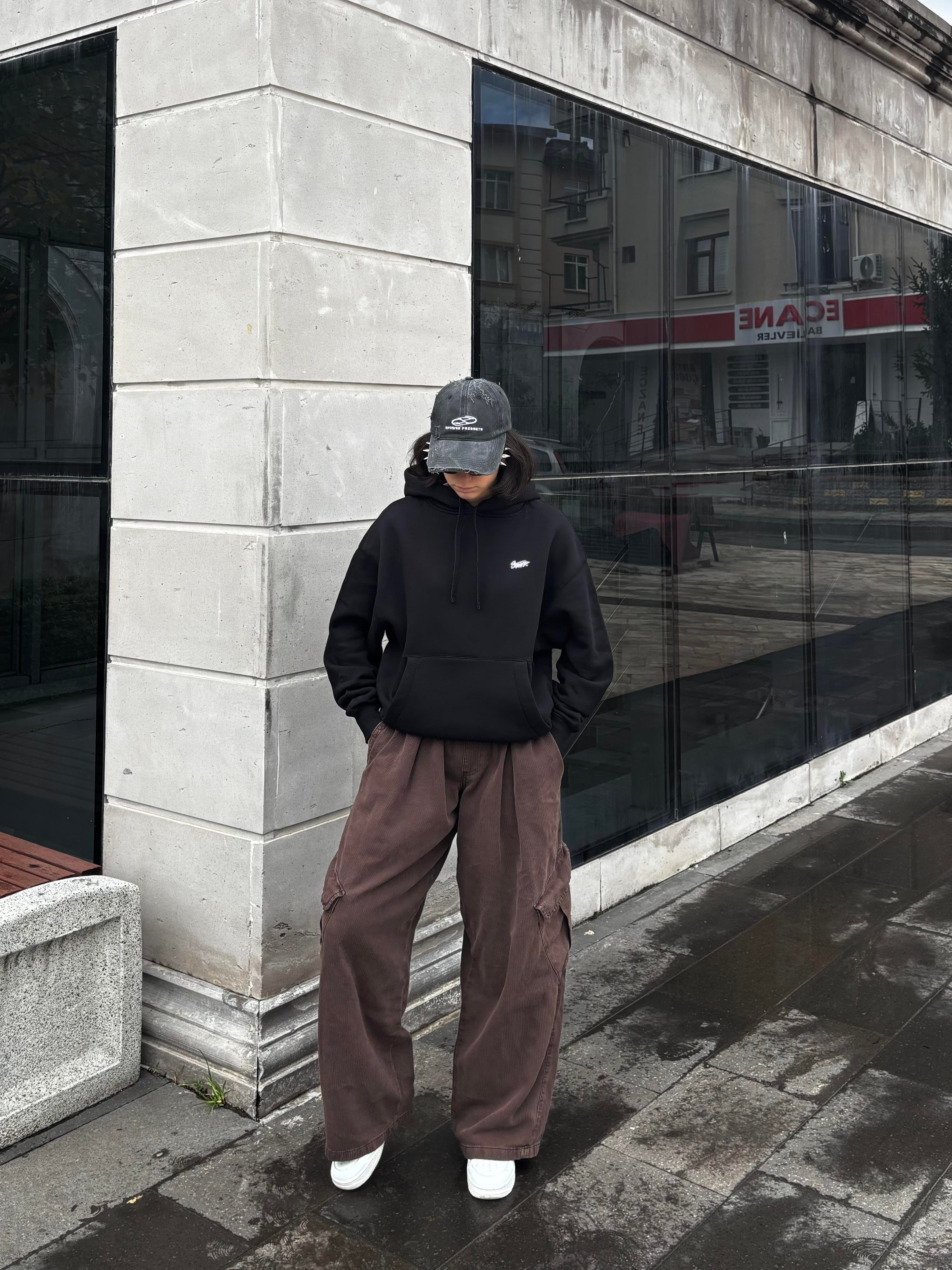 Black Boxy Fit Kapüşonlu Sweatshirt