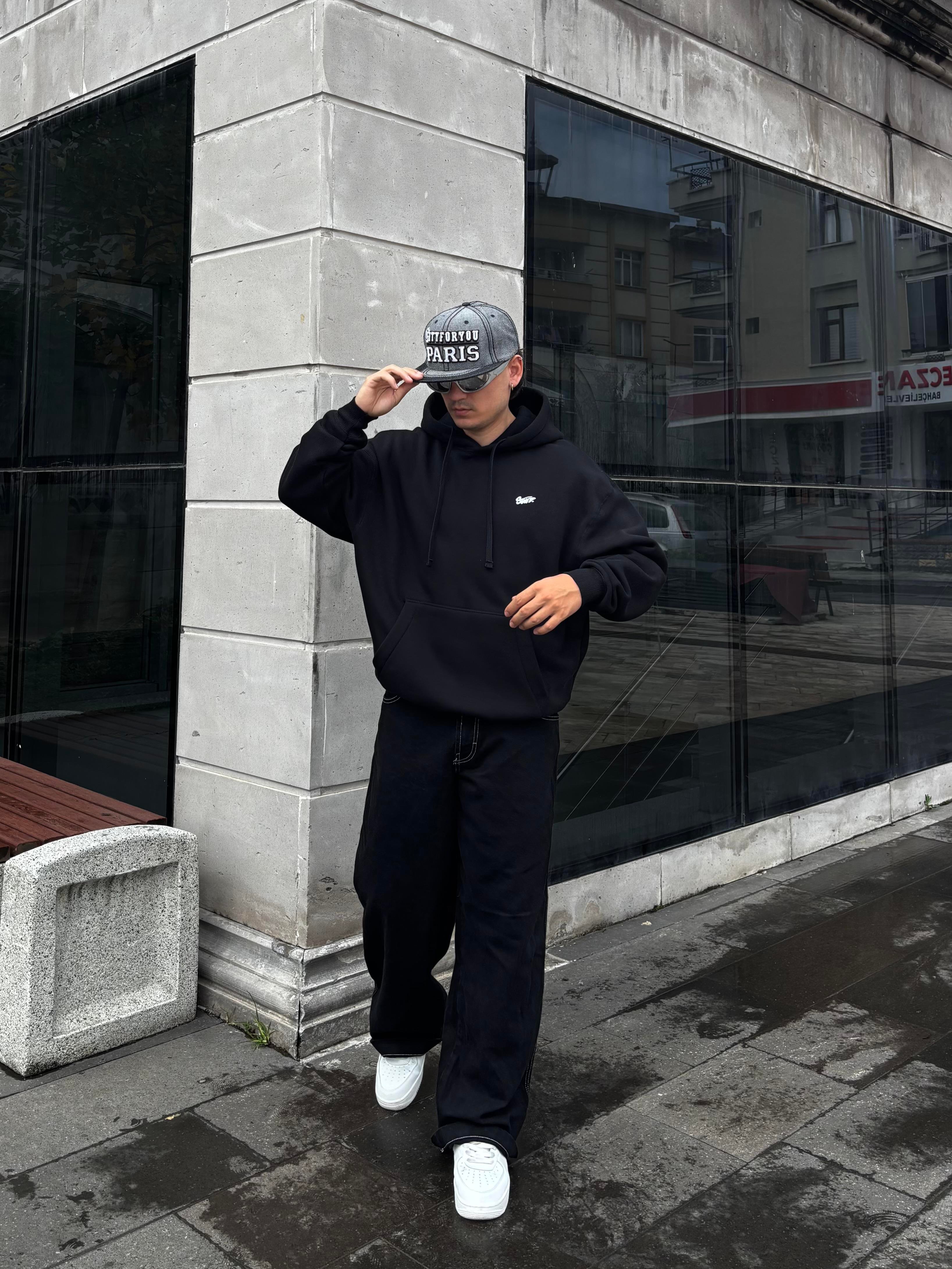 Black Boxy Fit Kapüşonlu Sweatshirt