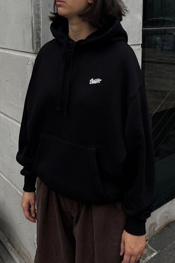 Black Boxy Fit Kapüşonlu Sweatshirt