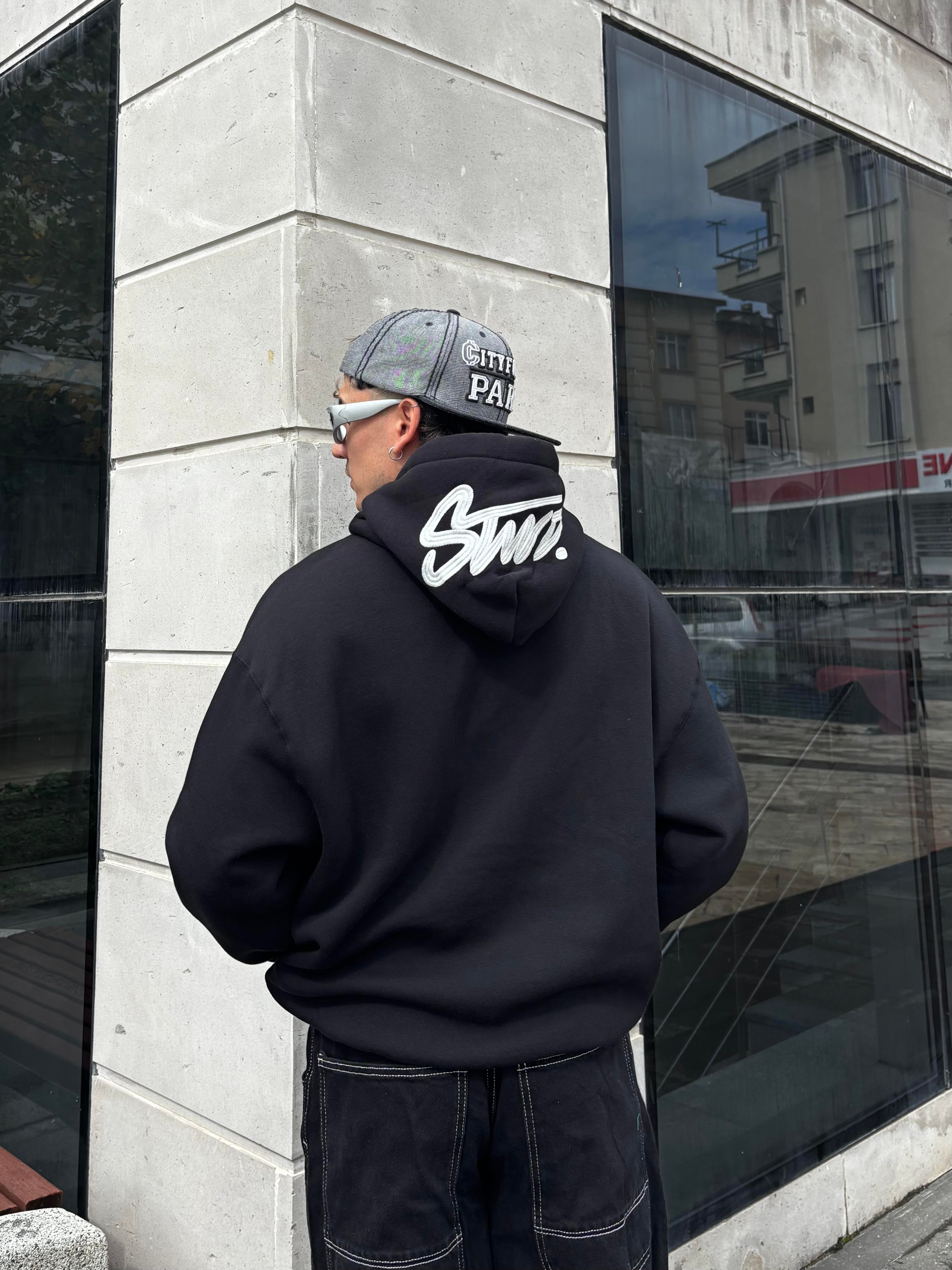 Black Boxy Fit Kapüşonlu Sweatshirt