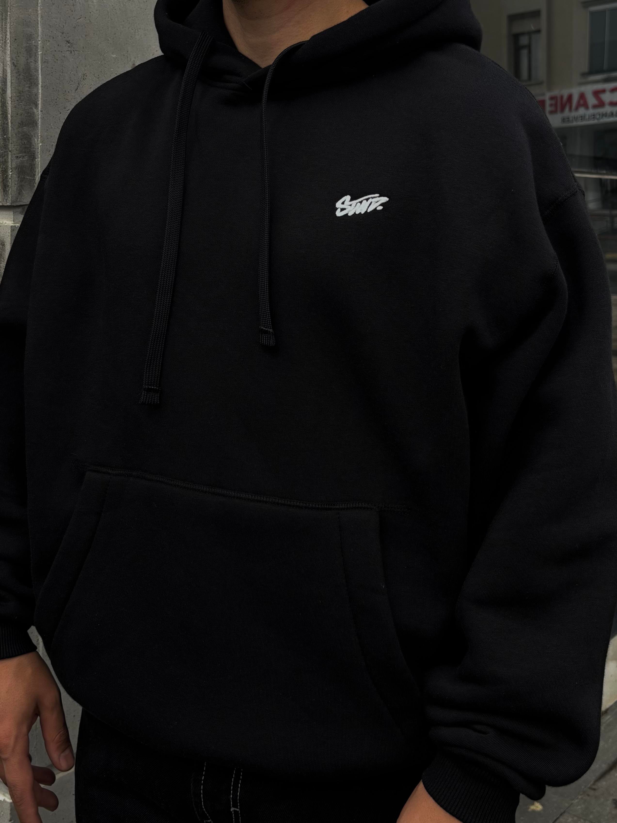 Black Boxy Fit Kapüşonlu Sweatshirt