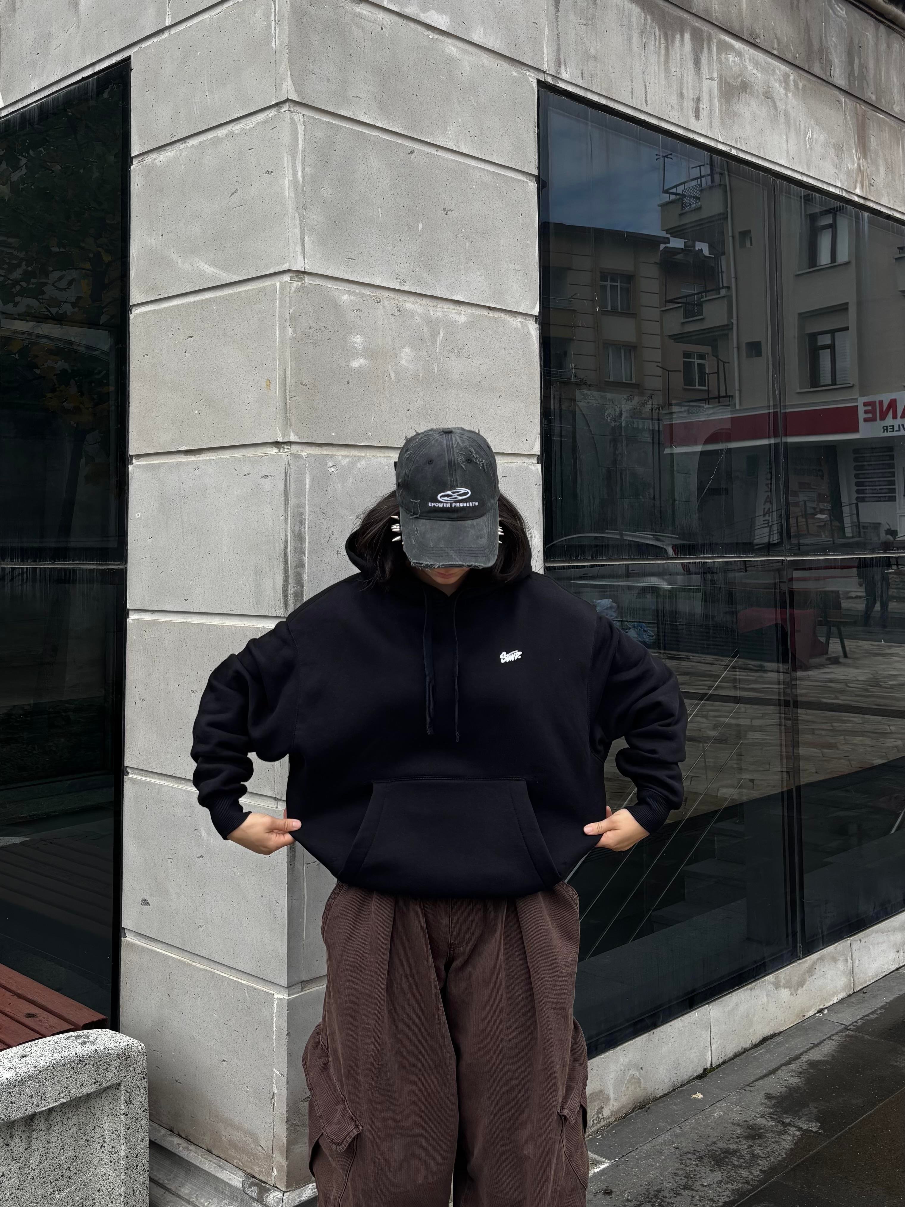 Black Boxy Fit Kapüşonlu Sweatshirt