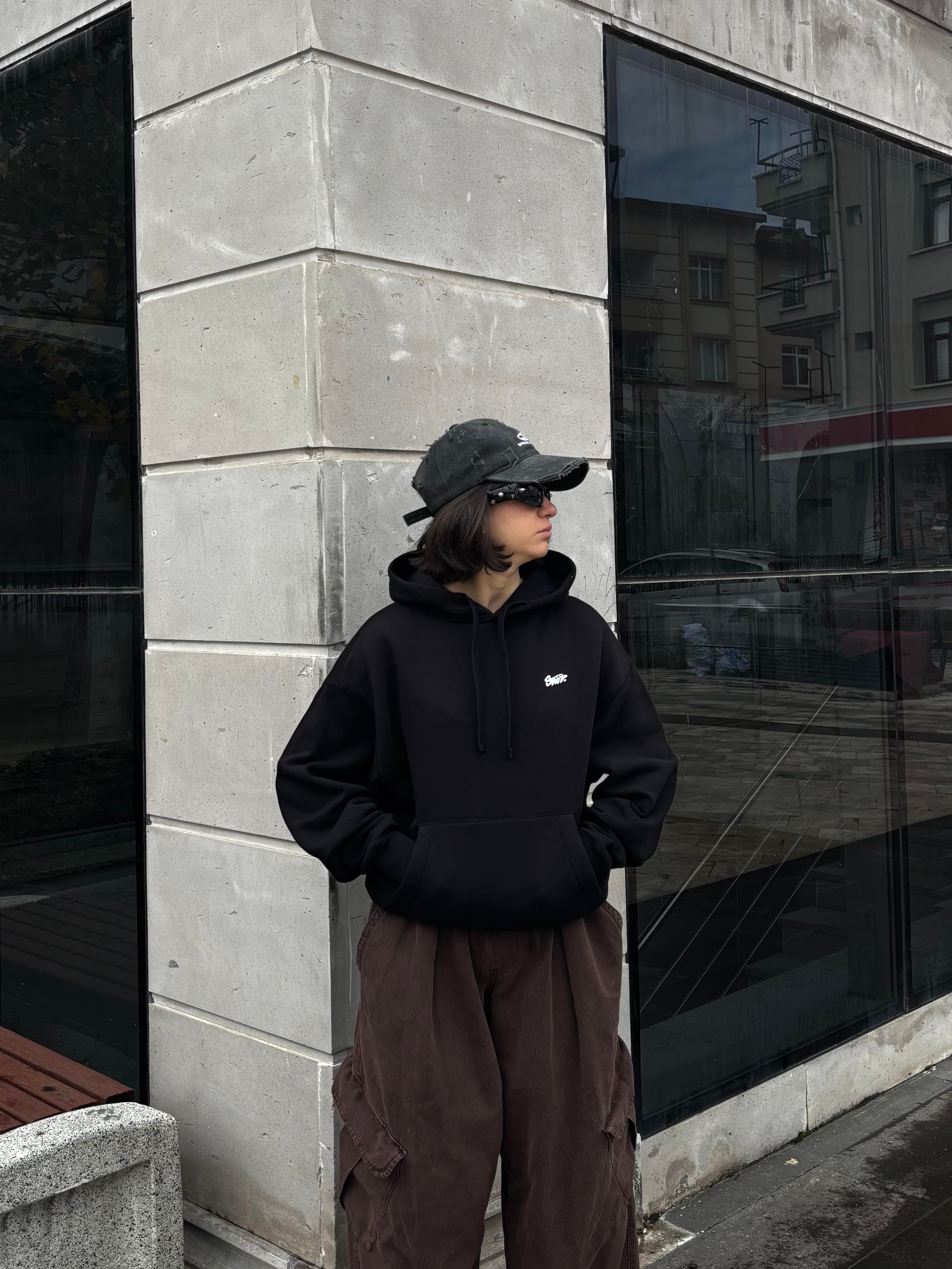 Black Boxy Fit Kapüşonlu Sweatshirt