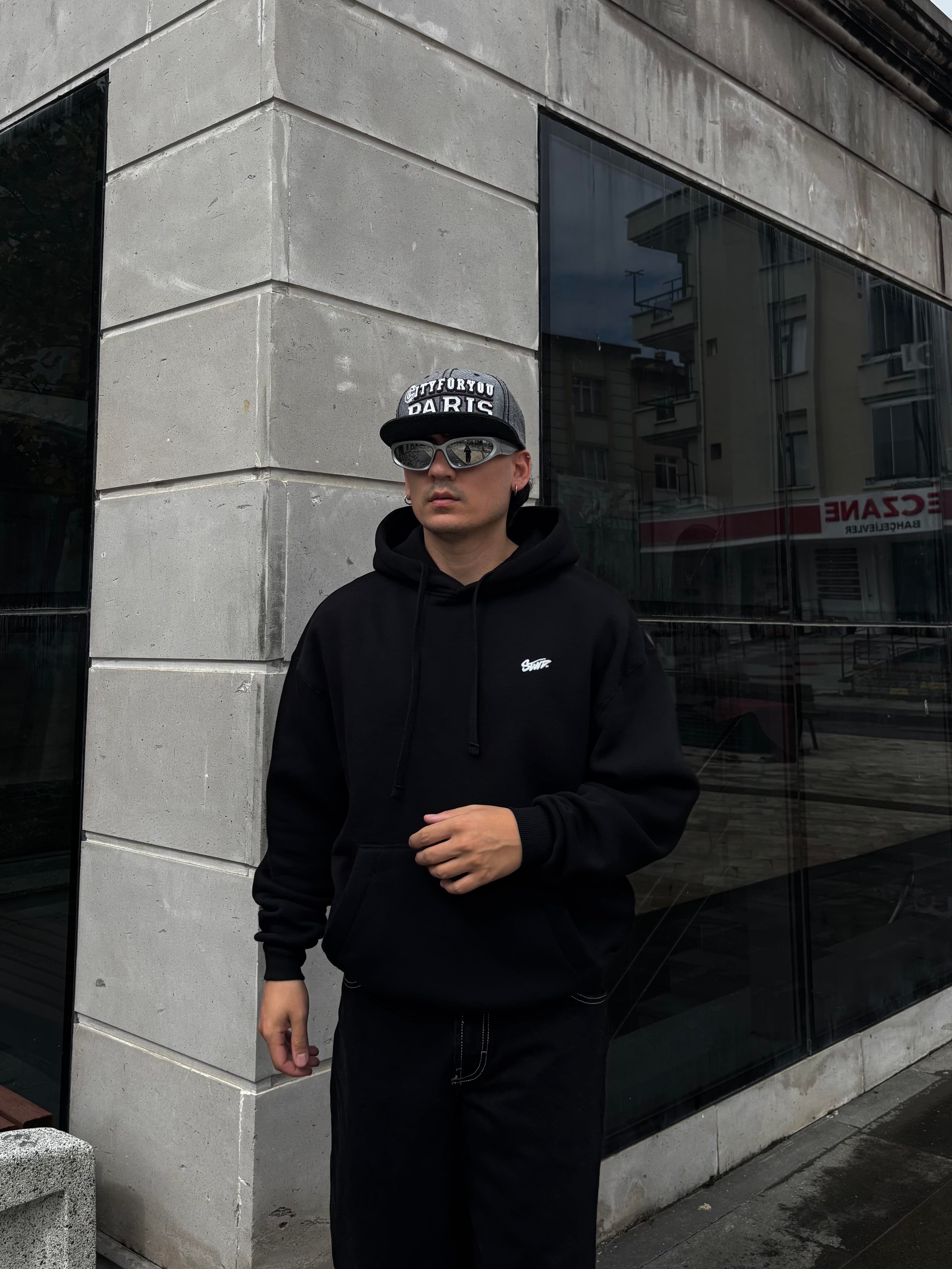 Black Boxy Fit Kapüşonlu Sweatshirt