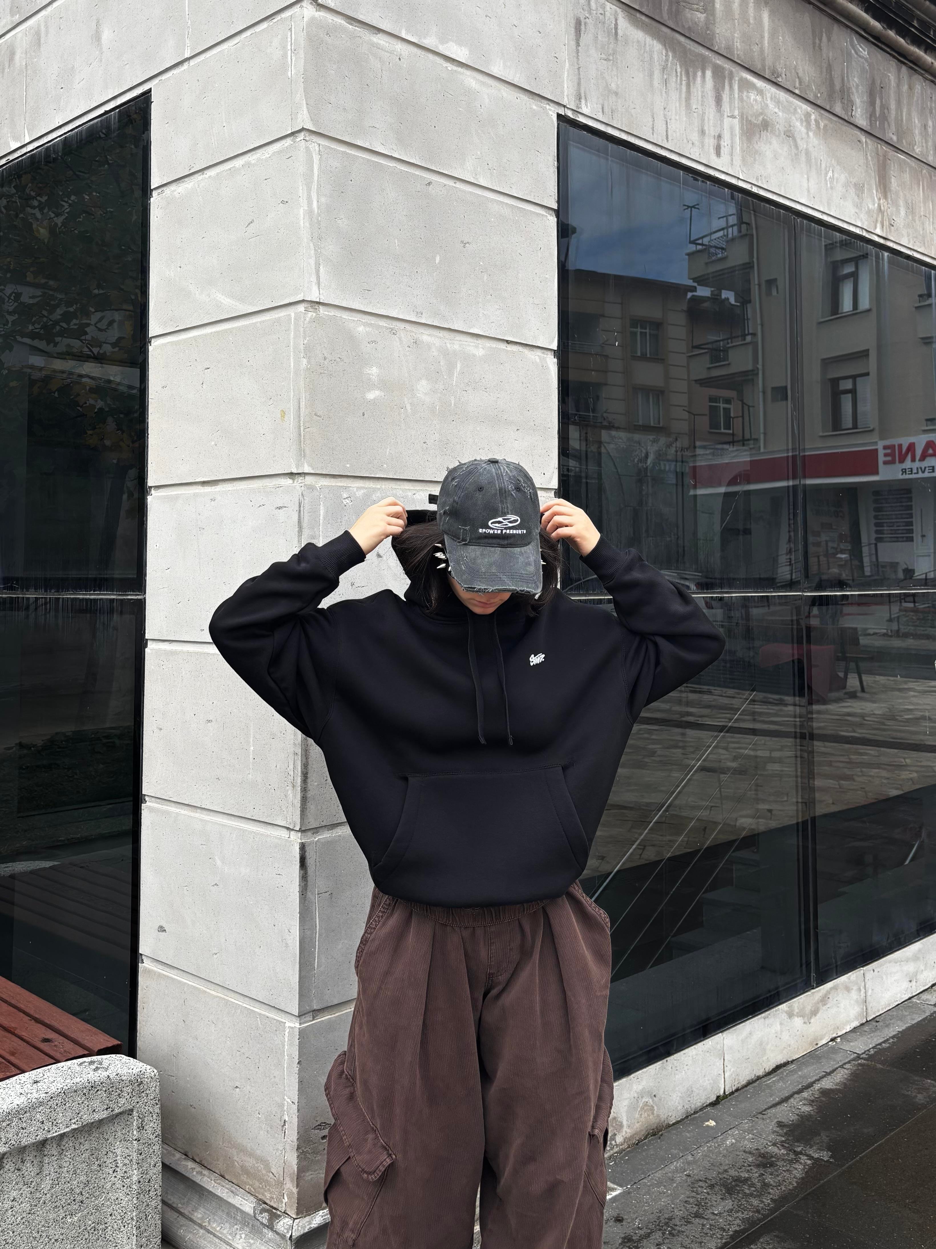 Black Boxy Fit Kapüşonlu Sweatshirt