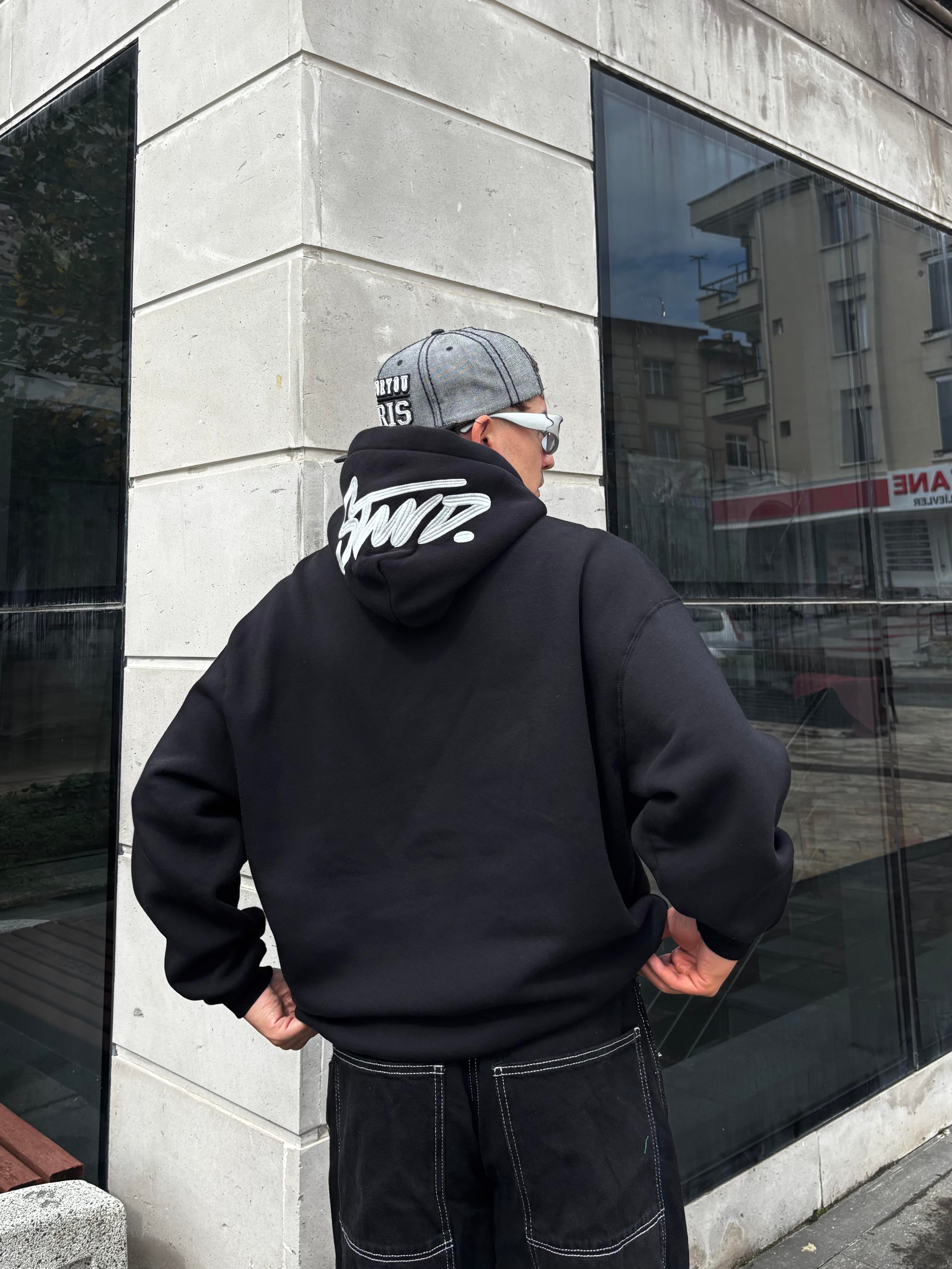Black Boxy Fit Kapüşonlu Sweatshirt