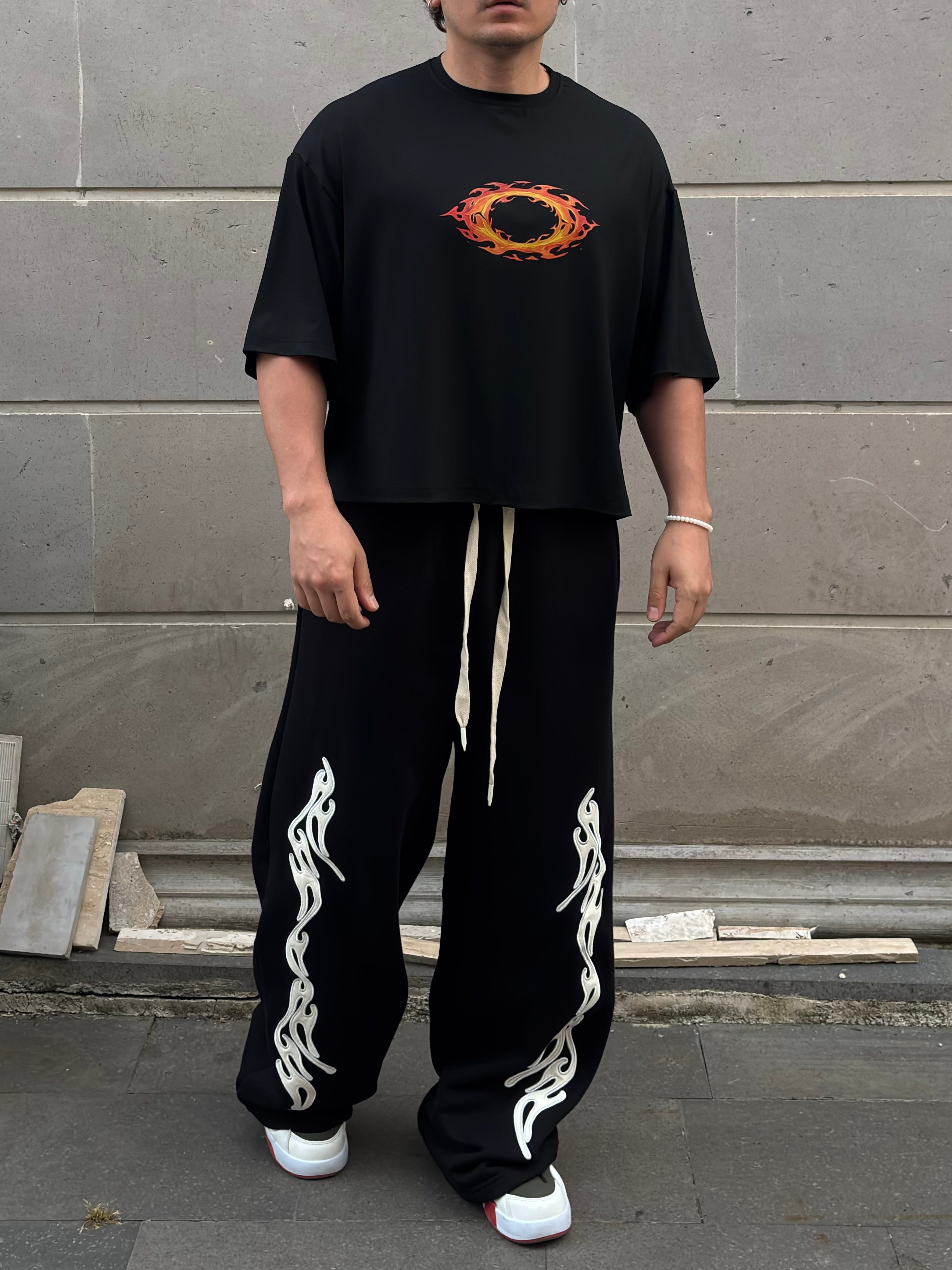 Black Neo Tribal Deri Detay Nakıış İşlemeli Baggy Eşofman