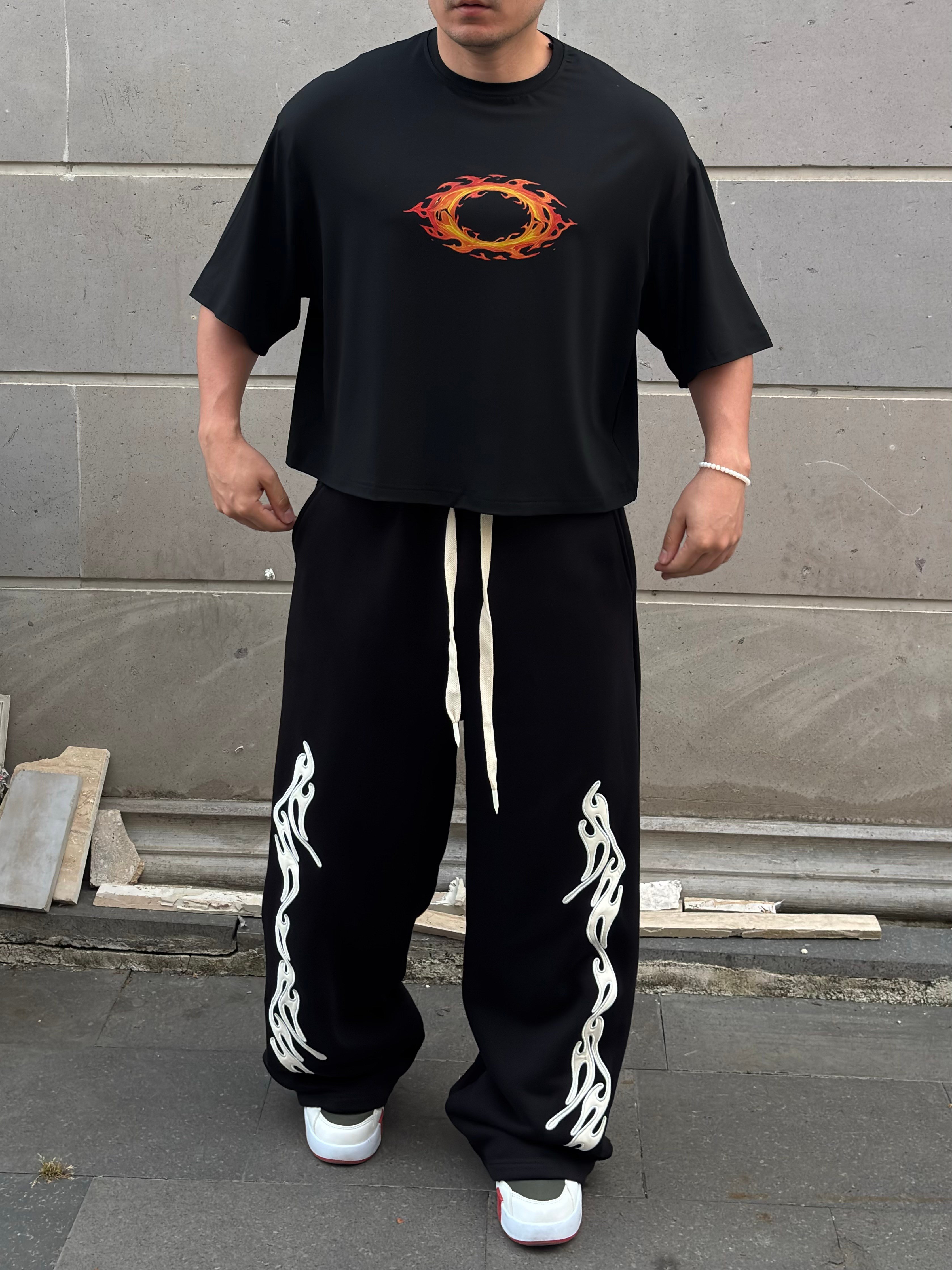 Black Neo Tribal Deri Detay Nakıış İşlemeli Baggy Eşofman