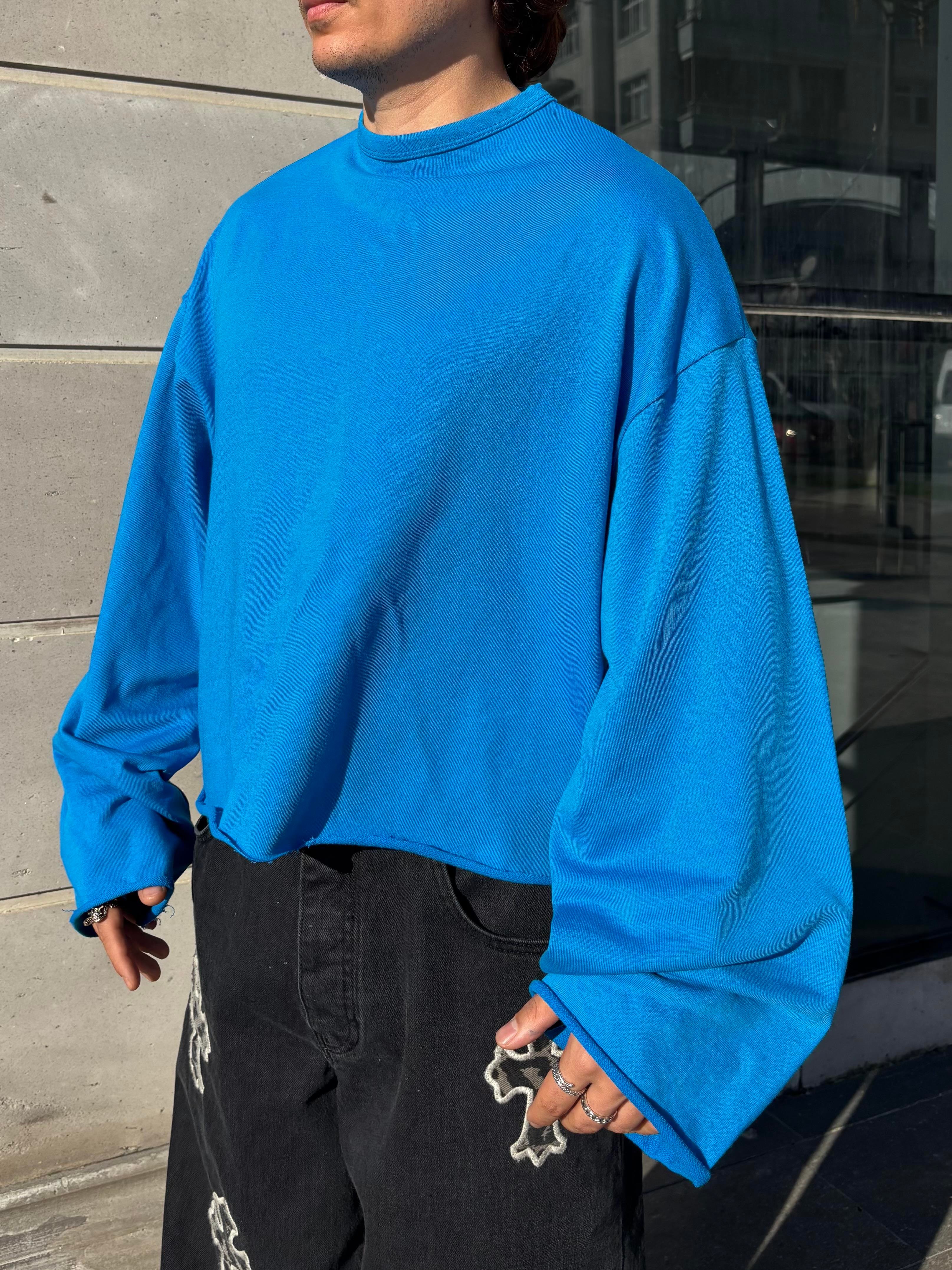 Blue Boxy Fit Cut-Off Sweatshirt