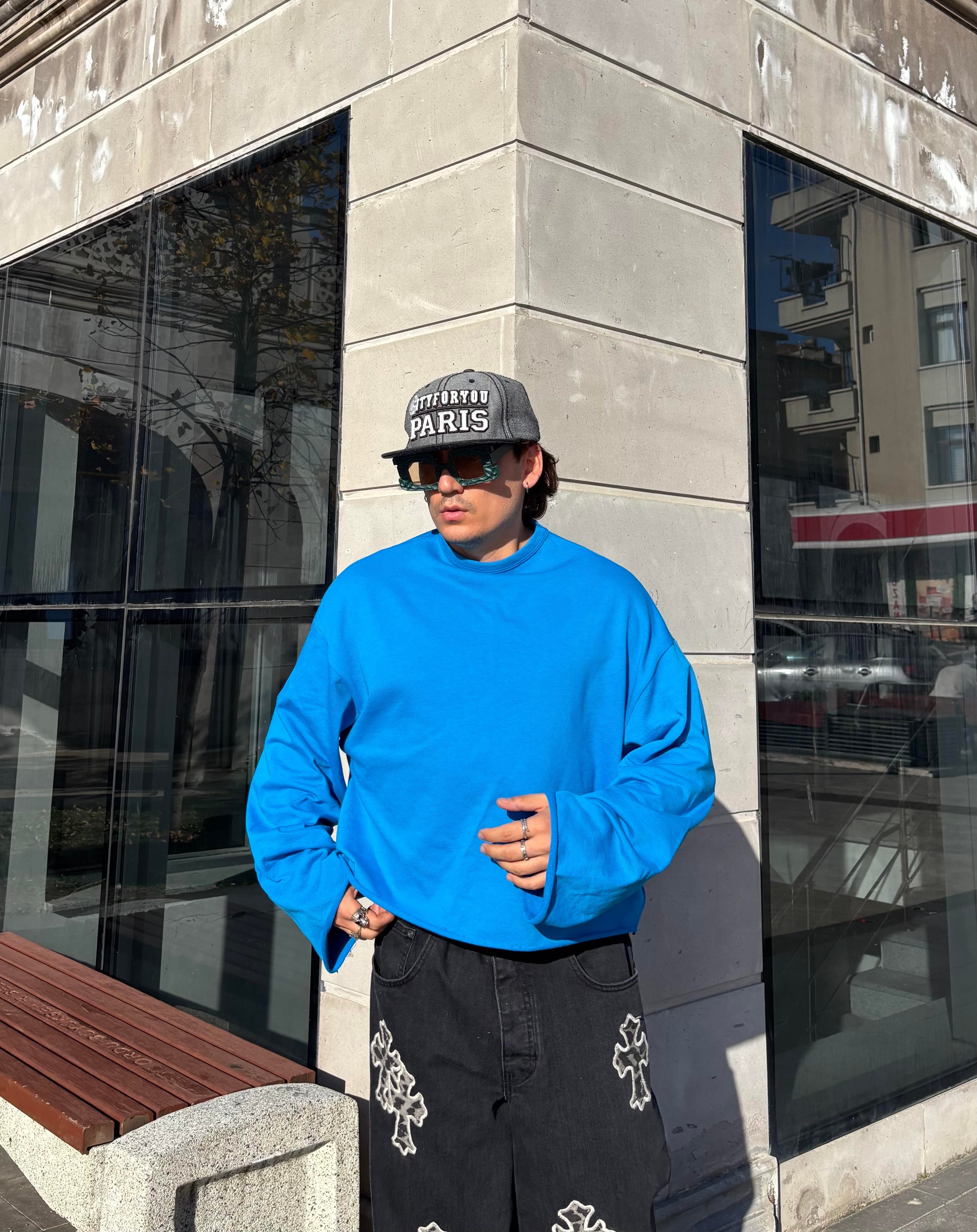 Blue Boxy Fit Cut-Off Sweatshirt