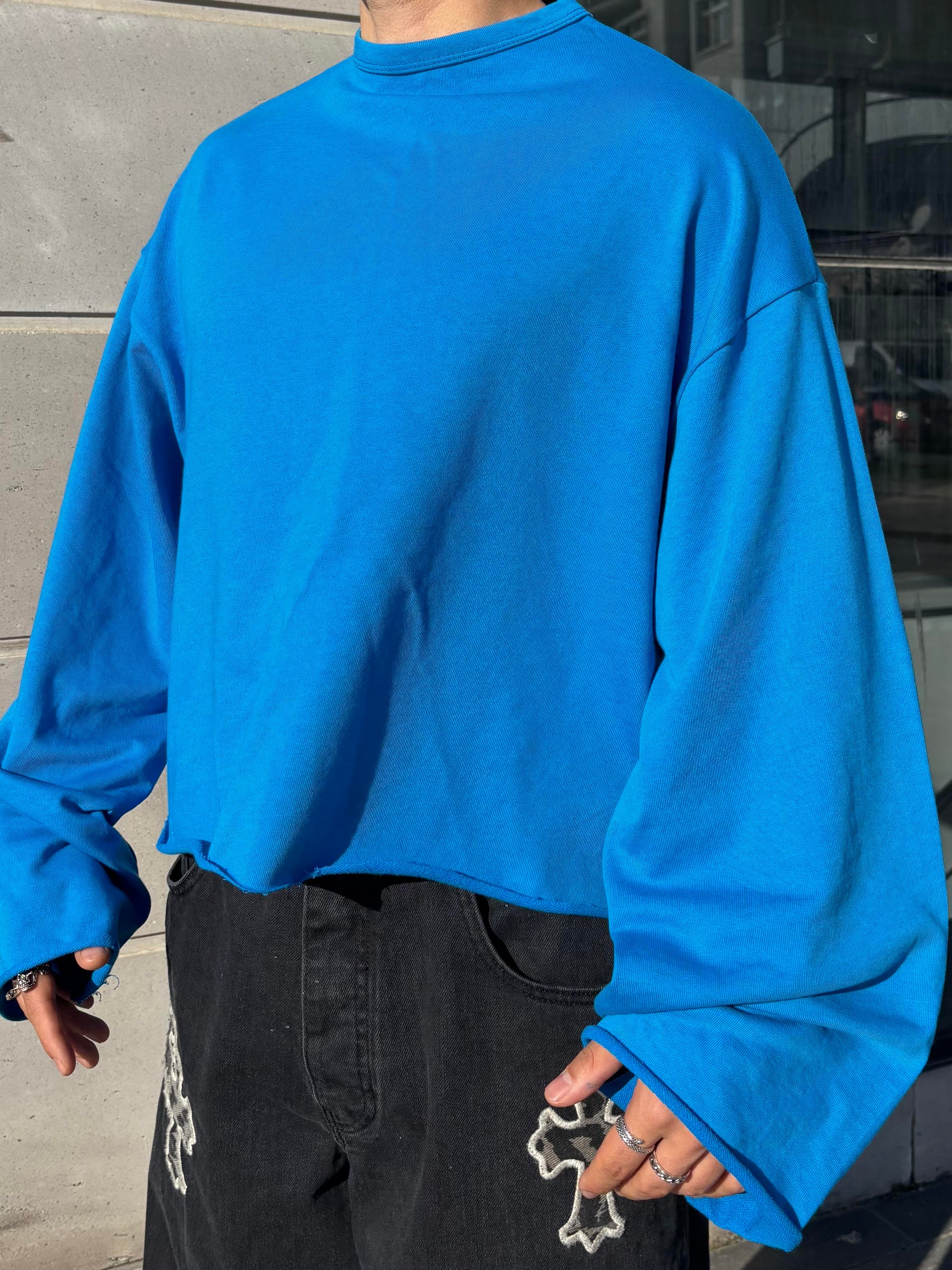 Blue Boxy Fit Cut-Off Sweatshirt
